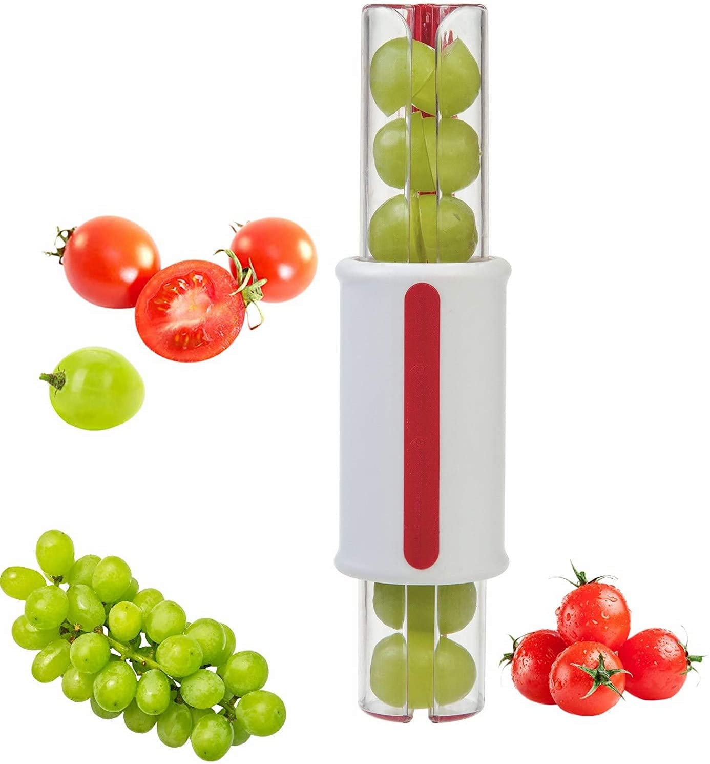 Multi-Purpose Tomato Slicer & Grape Cutter - 3-in-1 Kitchen Gadget for Tomatoes, Grapes, Strawberries - Snap Fruit & Vegetable Slicer Tool for Salads, Meal Prep & Healthy Snacks (Red)
