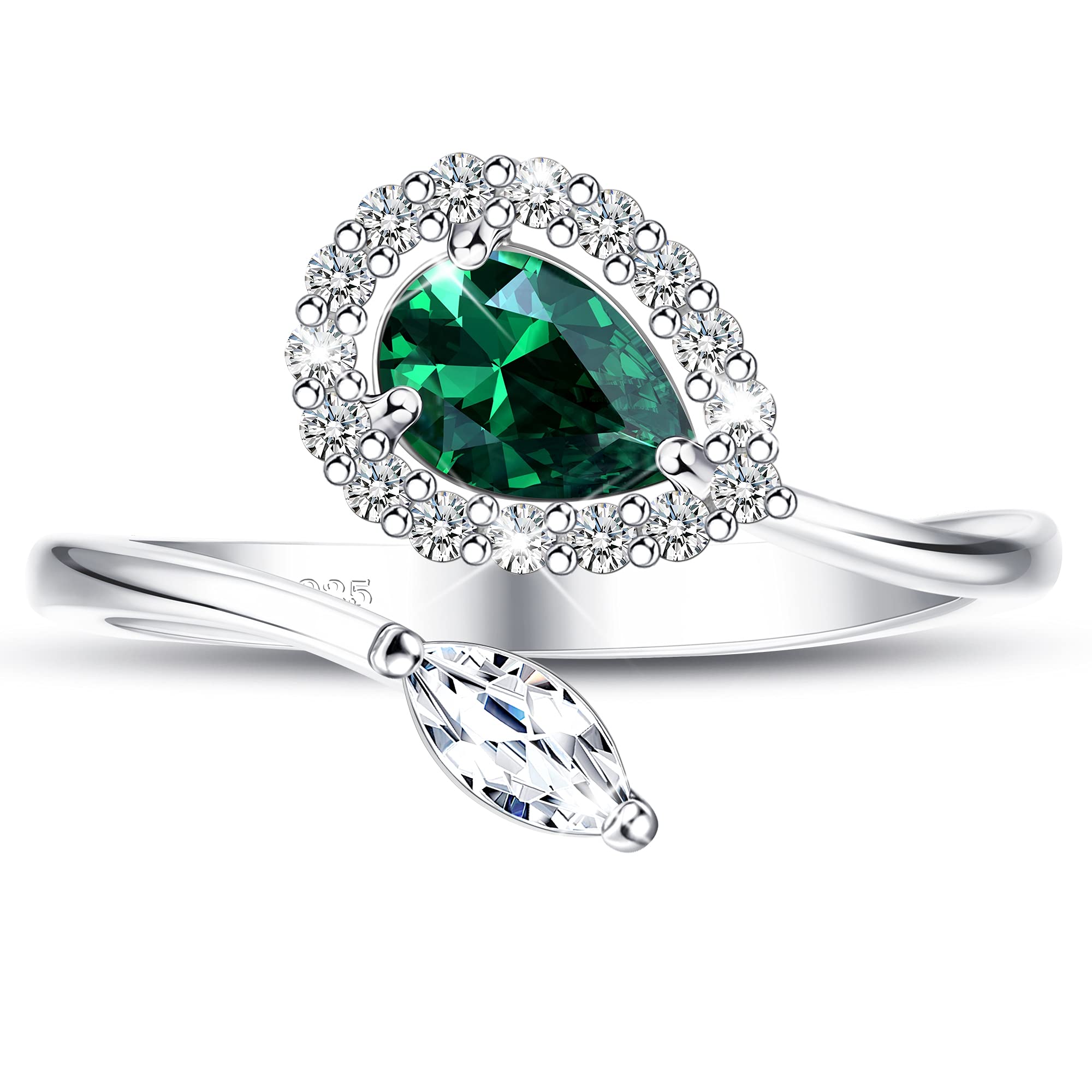 925 Sterling Silver Birthstone Rings for Women - Adjustable Teardrop CZ Engagement Rings, Mothers Day Birthday Christmas Gifts - Cubic Zirconia Open Thumb Rings for Everyday Wear & Special Occasions