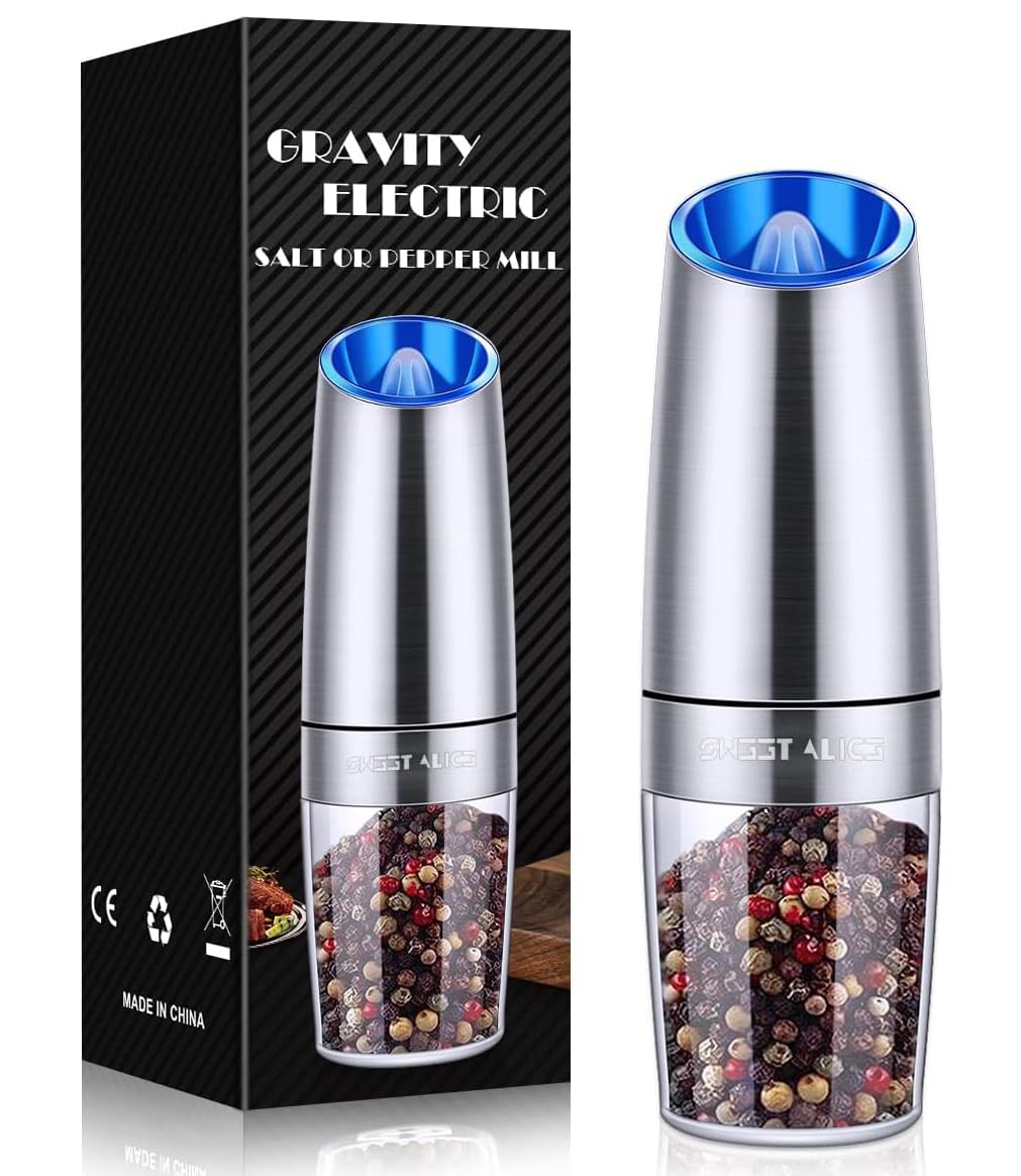 **Sweet Alice Automatic Gravity Electric Pepper & Salt Grinder – Adjustable Coarseness, Battery-Powered with LED Light, One-Hand Operation, Stainless Steel (Single/Silver) – Perfect for Kitchen, Dining Table & Outdoor BBQ**