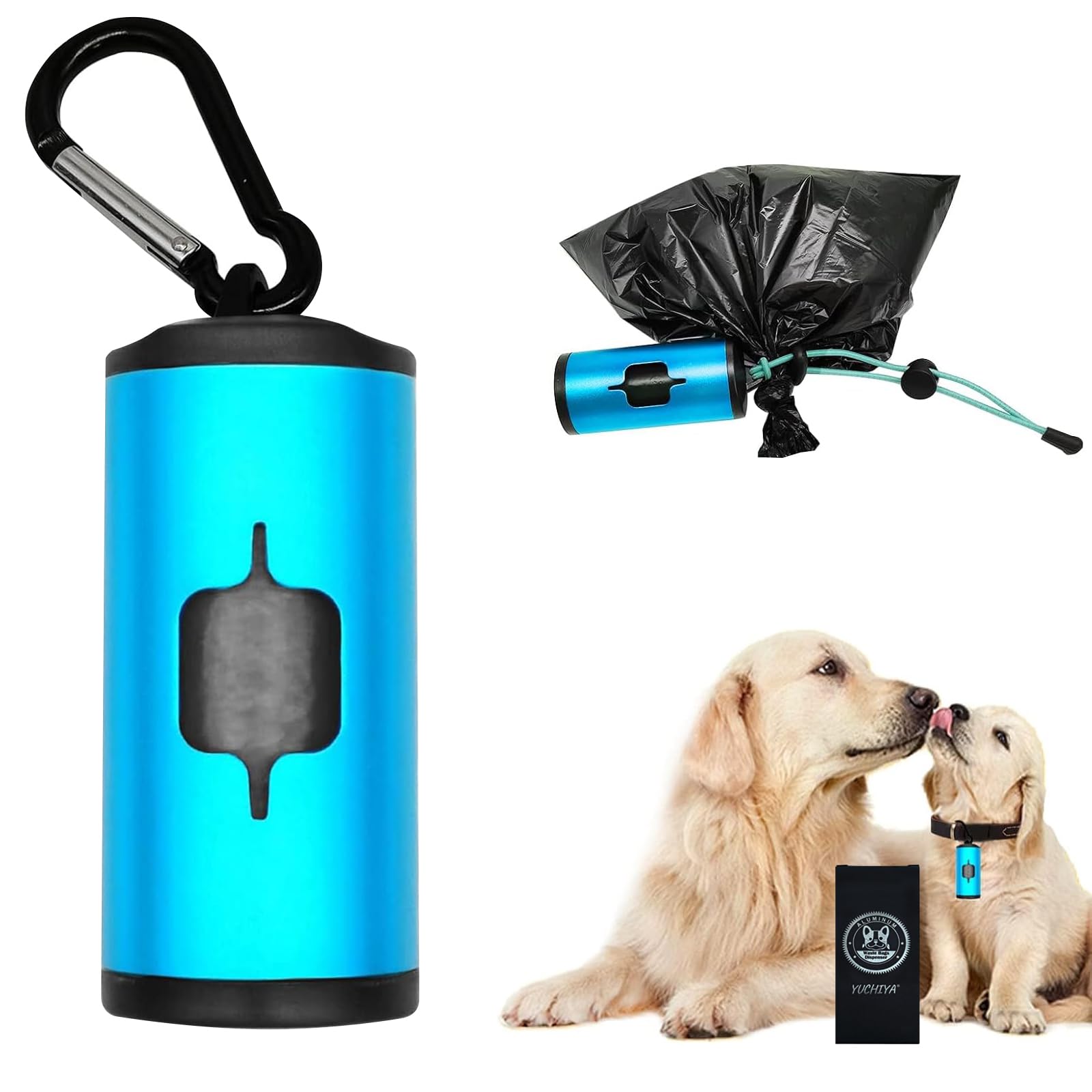 **Eco-Friendly Aluminum Dog Poop Bag Holder with Carabiner – Metal Pet Waste Dispenser with Hook & Loop Fastener & Elastic Cord – Includes 15 Bags (Blue) – Perfect for Walking, Hiking & Travel**