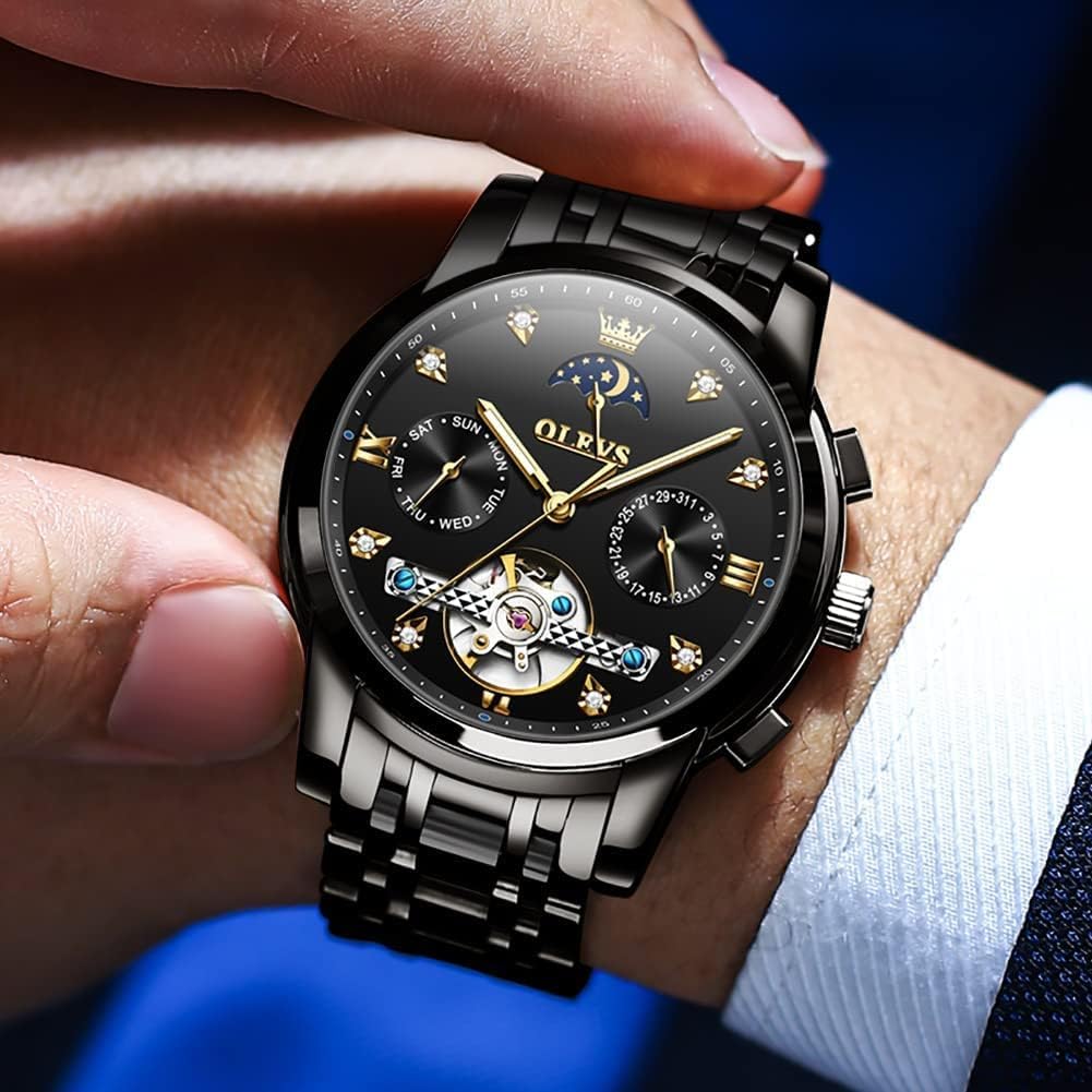 OLEVS Men's Automatic Skeleton Tourbillon Watch - Self-Winding Luxury Dress Watch with Diamond Accents, Stainless Steel Case, Waterproof, Luminous Hands, Moon Phase & Day Date Display - Perfect for Business, Formal Events & Gift Giving