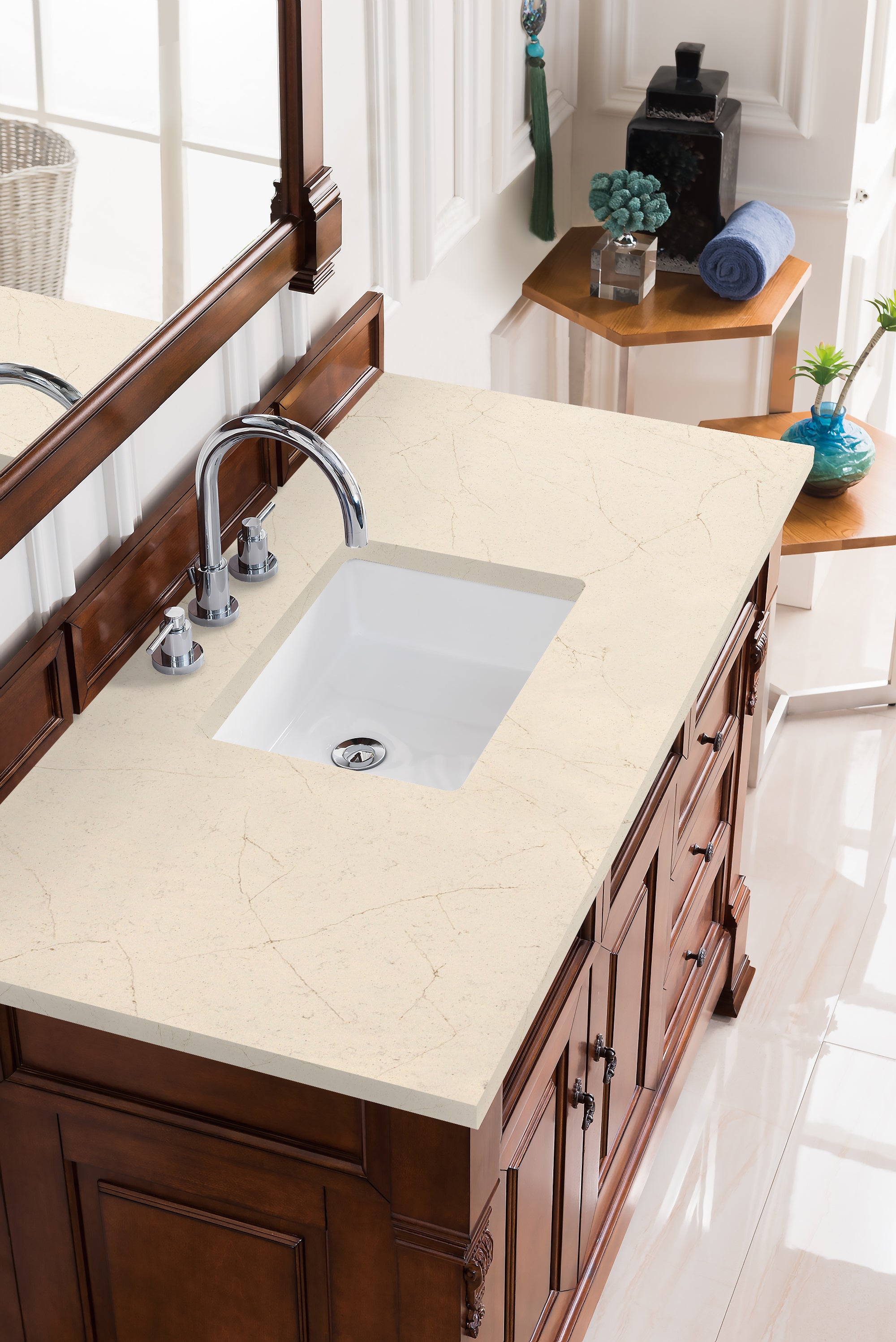 Brookfield 48 Inch Single Bathroom Vanity with Warm Cherry Finish & 3CM Eternal Marfil Quartz Countertop - Perfect for Modern Master Bathrooms and Guest Bath Remodels