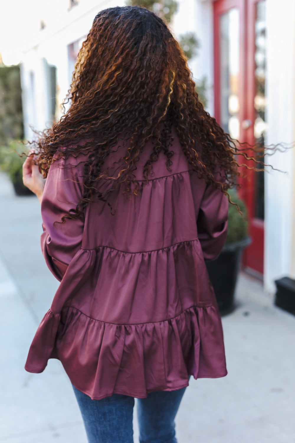Burgundy Satin Babydoll Top with Button Down & Tiered Design - Perfect for Date Nights, Parties & Casual Outfits