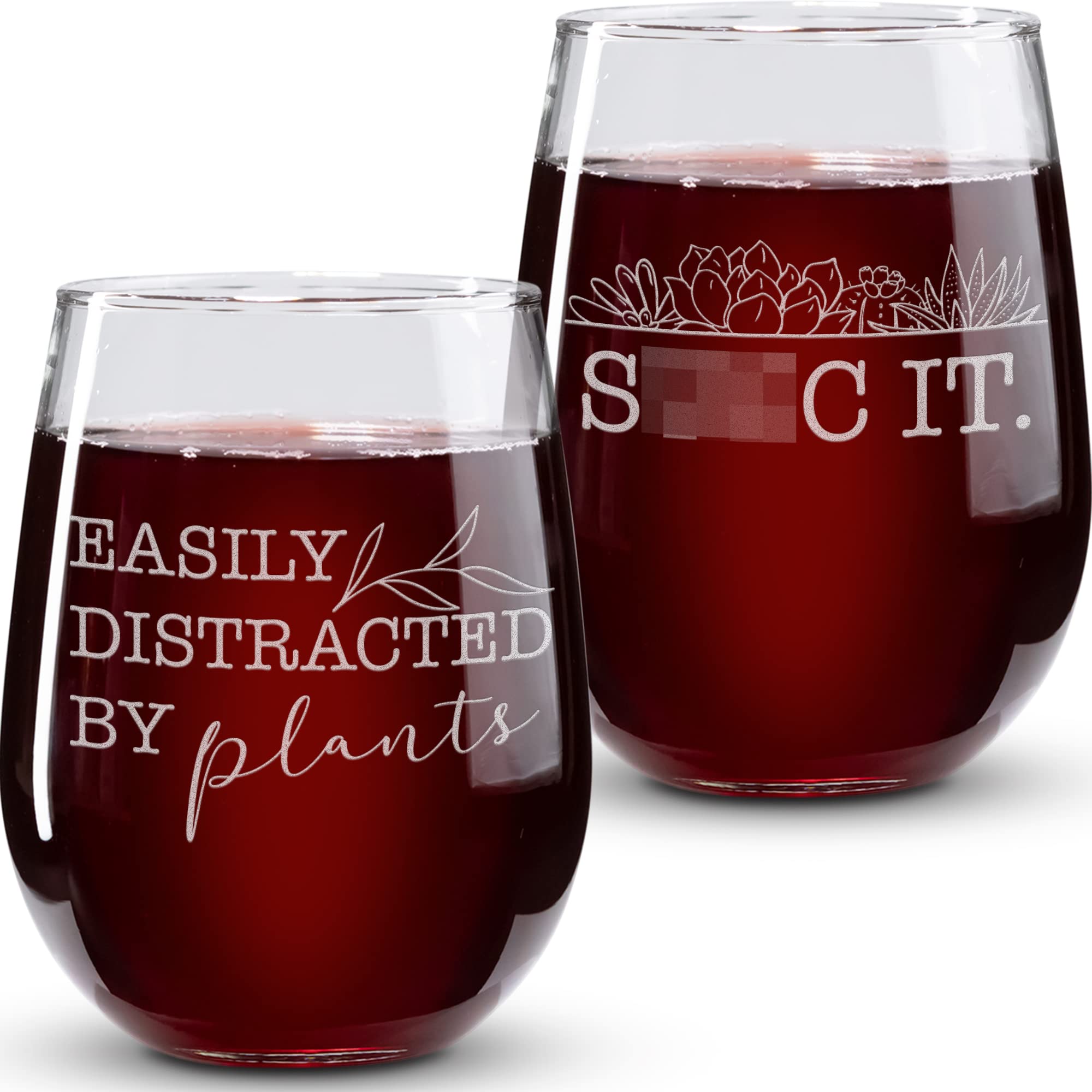 Funny Plant Lover Wine Glass Set - 2PC 'Easily Distracted By Plants' & 'S**c It' Stemless Glasses - Unique Gifts for Plant Moms & Crazy Plant Ladies - Perfect for Housewarming, Birthday & Gardening Parties