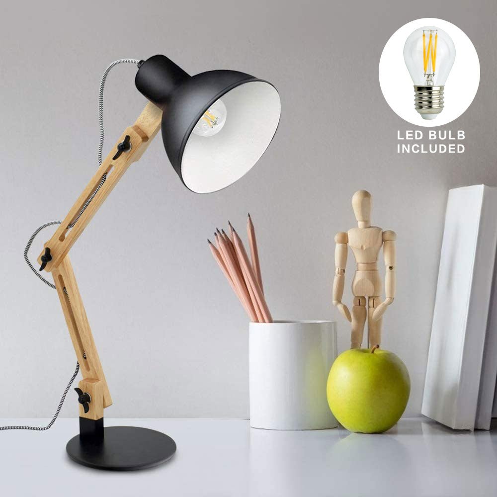 Depuley Adjustable Wood Swing Arm Desk Lamp - Modern Architect Multi-Joint Gooseneck Table Light with Black Metal Shade (Bulb Included) | Perfect for Reading, Working, Studying in Home Office, Bedroom or College Dorm