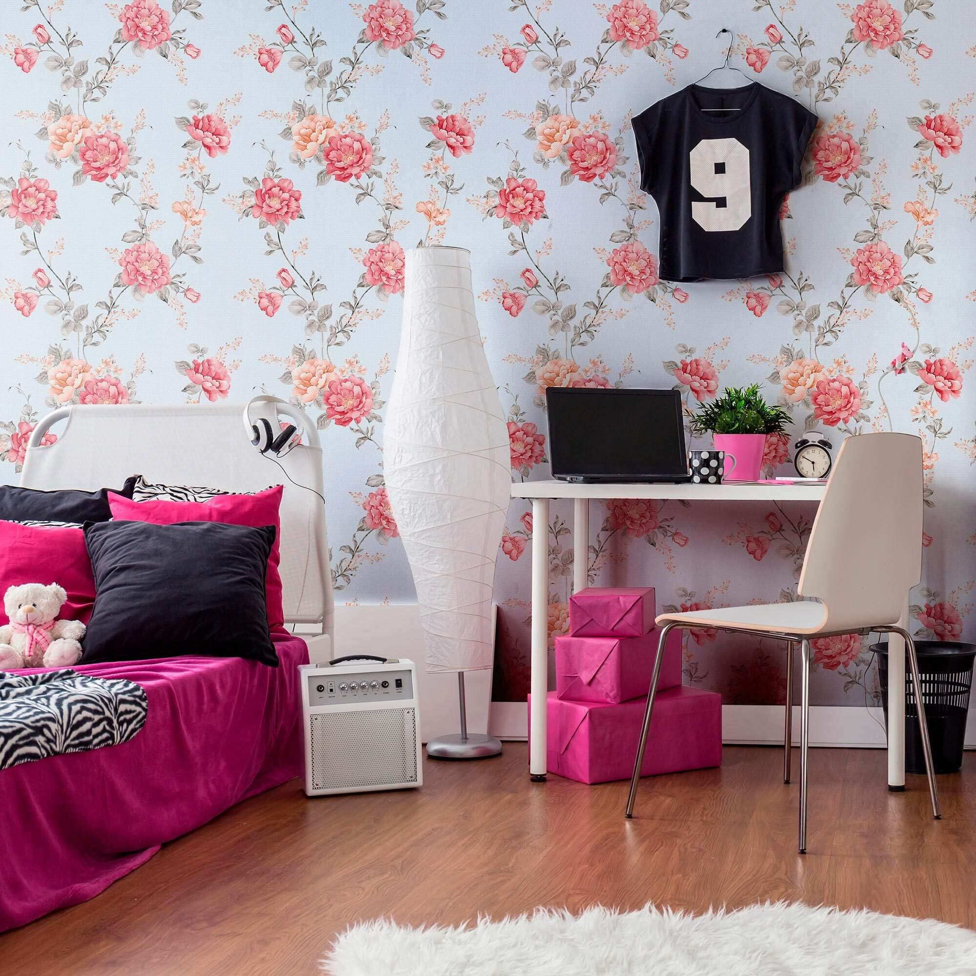 Pink and Blue Textured Floral Peel and Stick Removable Wallpaper - Self-Adhesive Decorative Wall Covering for Bedroom, Nursery, or Home Office Decor