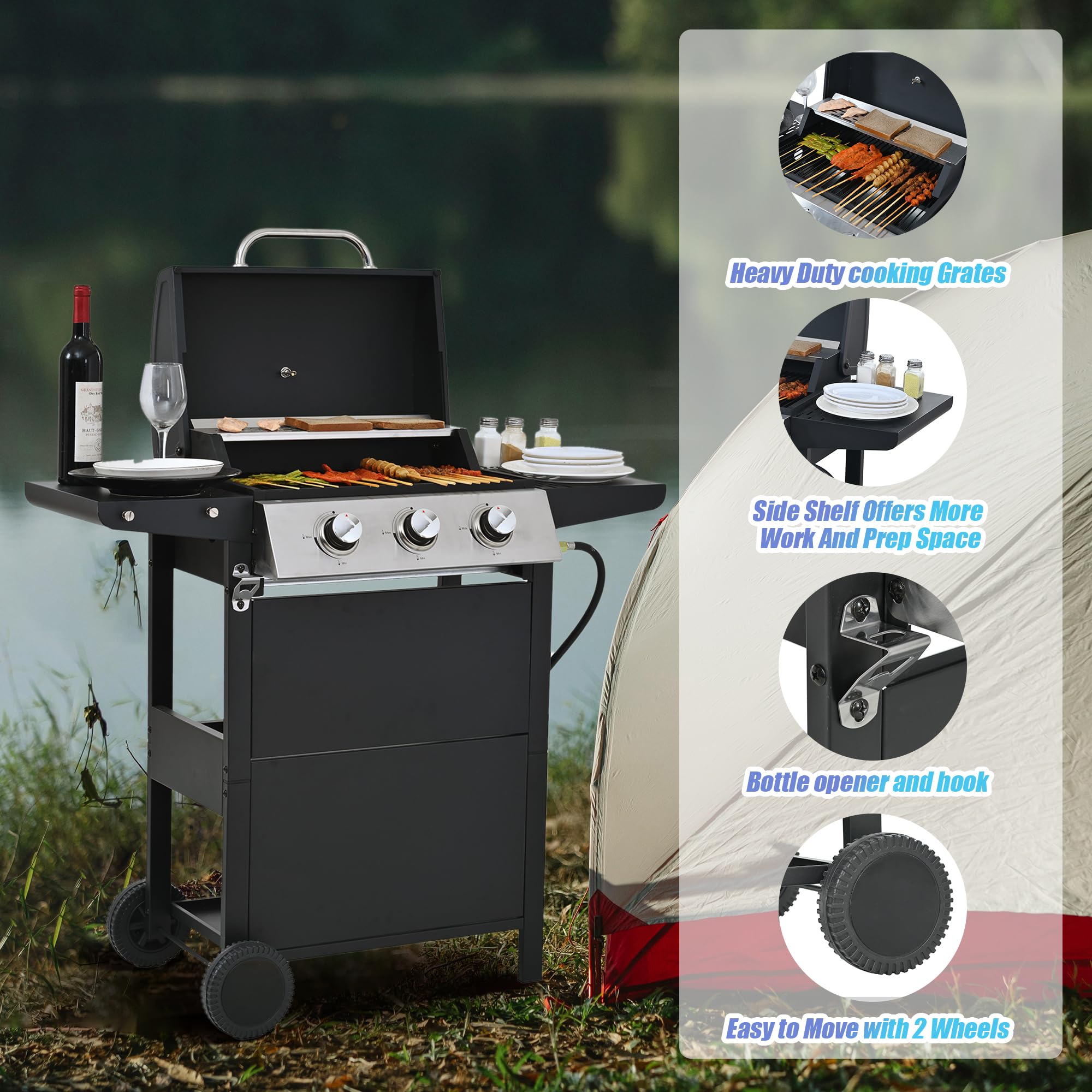 **3 Burner Propane Gas BBQ Grill - Stainless Steel Outdoor Grill with Enameled Cast Iron Grids & Rectangular Griddle - 26,000 BTU for Patio, Garden, Backyard, Camping & Tailgating (Black-3 Burner)**
