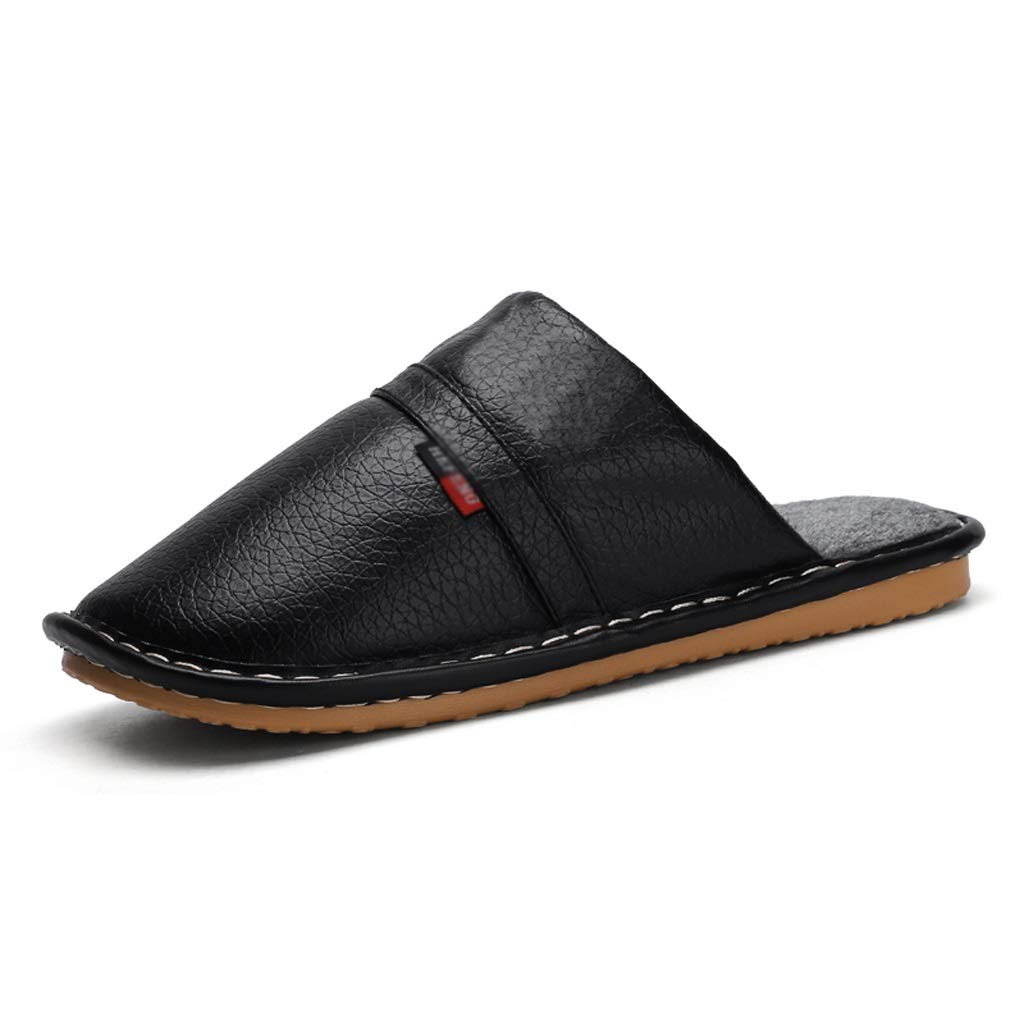 YHUA Men's Winter Slippers - Warm Indoor House Shoes with Thick Non-Slip Sole, Plush Lining & Waterproof Leather - Comfortable Cotton Slippers for Home, Office & Hotel Use (Black, Size 40-41)