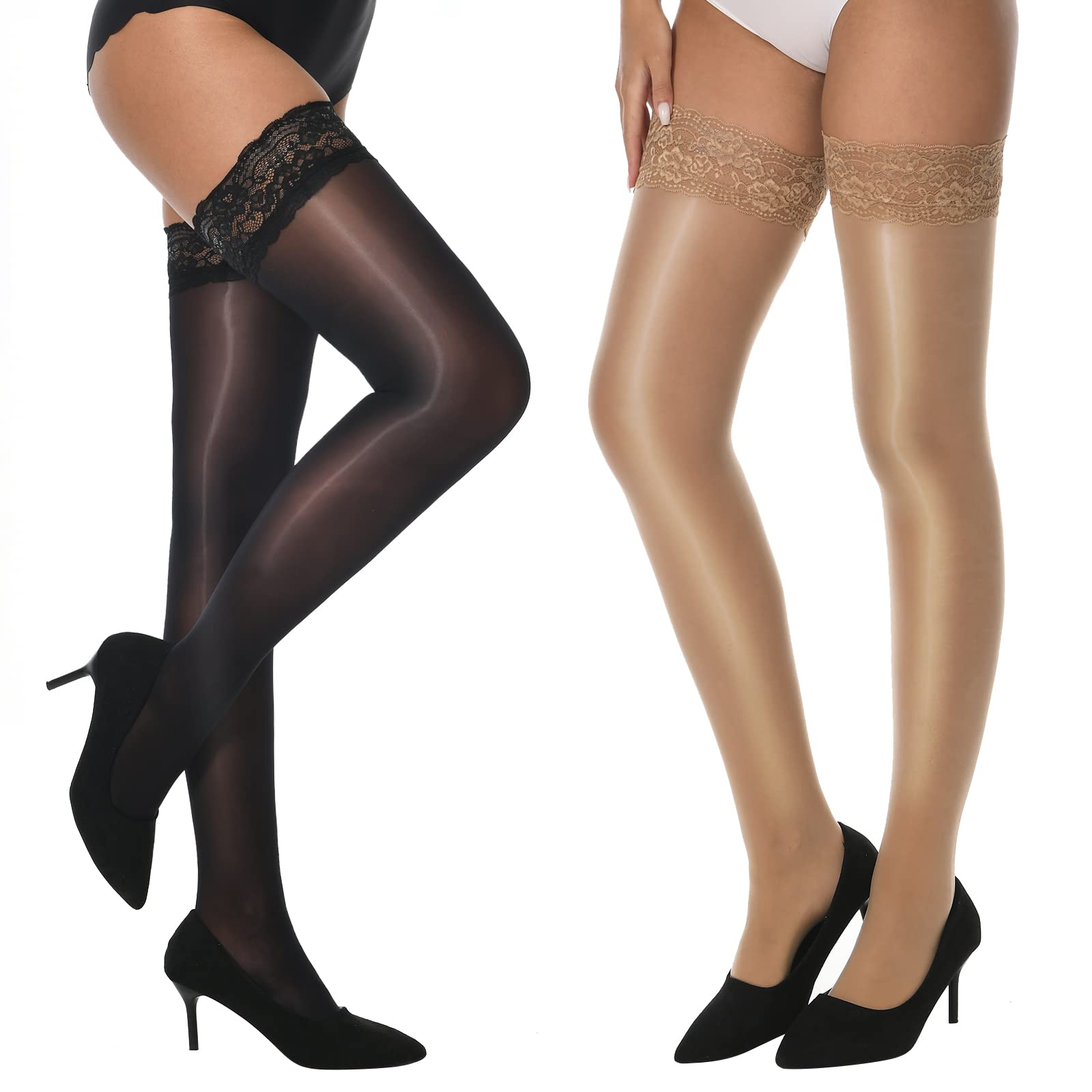 MANZI Sheer Shiny Thigh High Stockings for Women - 2 Pairs Silky Lingerie Pantyhose with Stay-Up Silicone Lace Top | Perfect for Date Night, Cosplay & Special Occasions