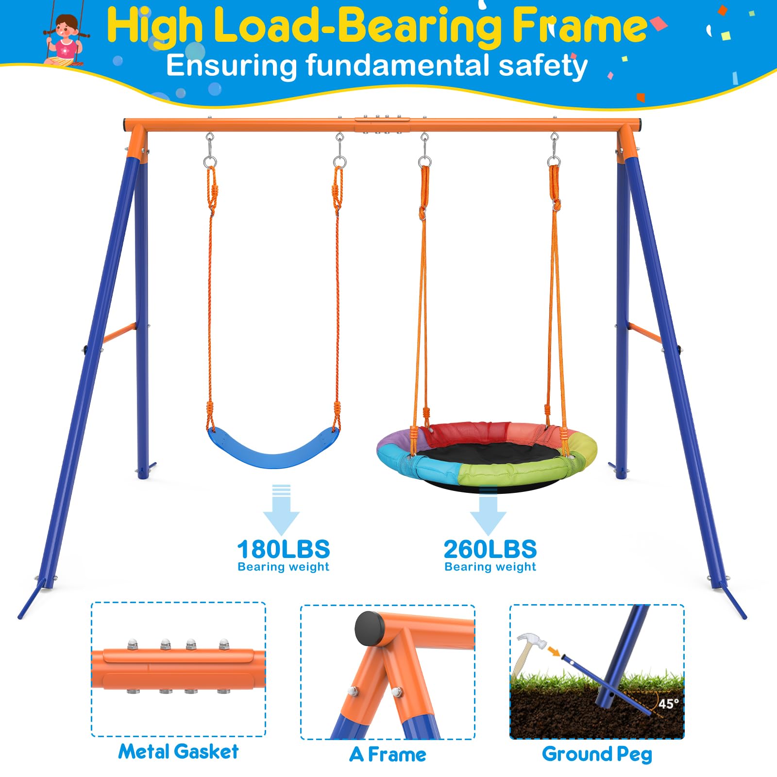 **GIKPAL Heavy Duty Metal A-Frame Swing Set with Stand for Kids – Outdoor Backyard Playset with 32