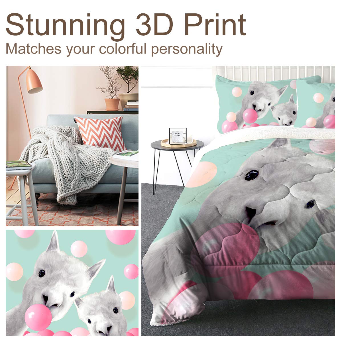 Super Soft Sherpa Comforter Set - Faux Fur Bedspread, 3D Lightweight Fuzzy Duvet Blanket with Polyester Filler - Queen Size with 2 Pillow Shams (Alpaca & Bubbles) - Cozy Winter Bedding for Warm & Comfortable Sleep