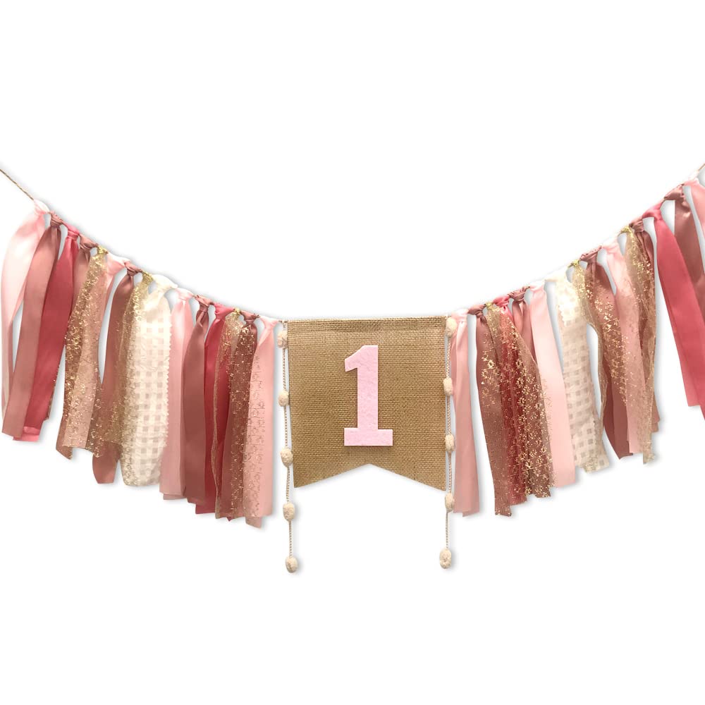 AULEGE 1st Birthday Banner for Baby - Coral Pink High Chair Banner & Party Theme Pull Flag - Perfect for Baby's First Birthday Party Decorations | Ideal for Cake Smash, Photo Backdrops & Celebration Decor