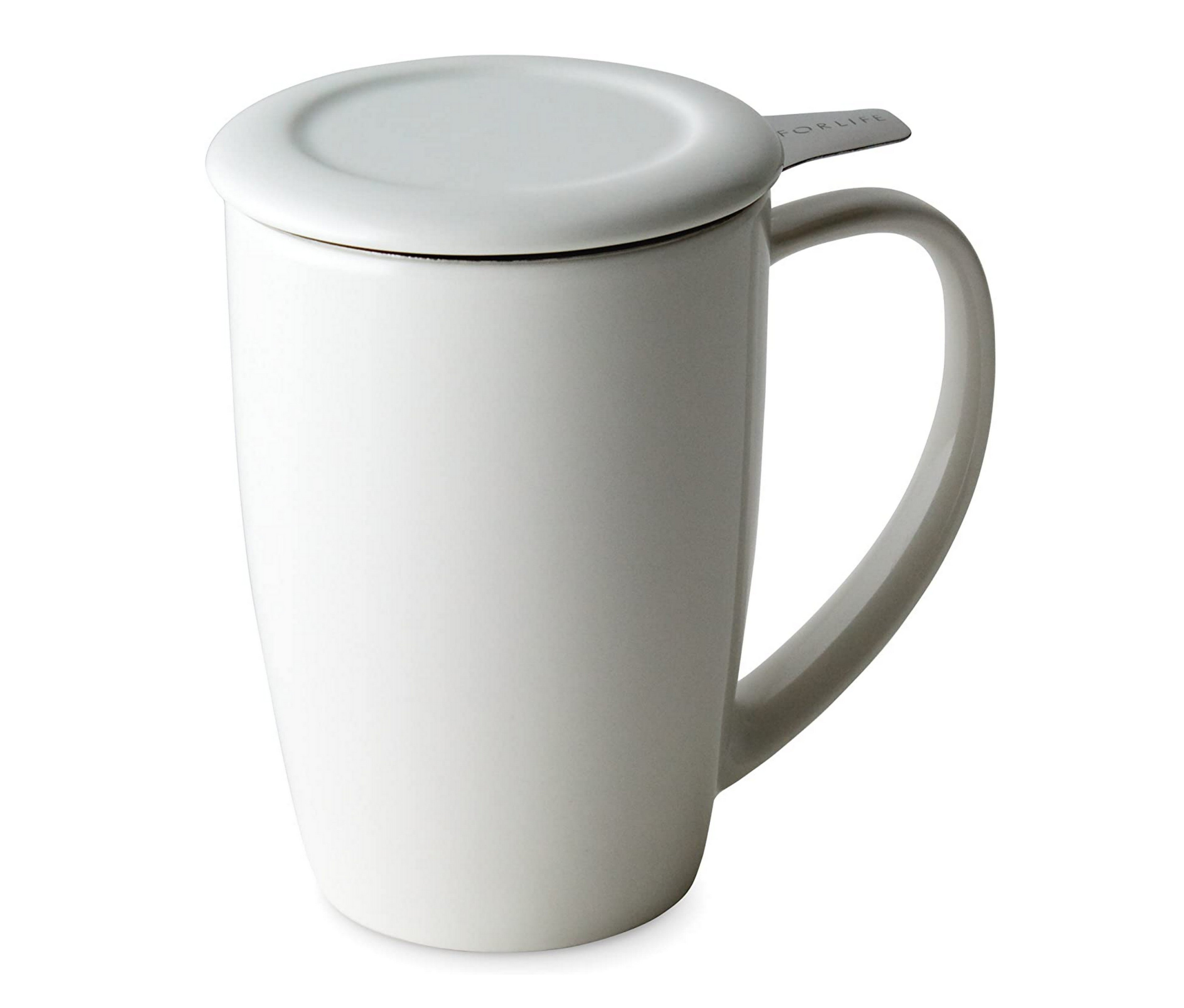 FORLIFE Curve Tall Tea Mug with Infuser and Lid - 15oz White Ceramic Tea Cup - Perfect for Loose Leaf Tea, Herbal Infusions & Office Use