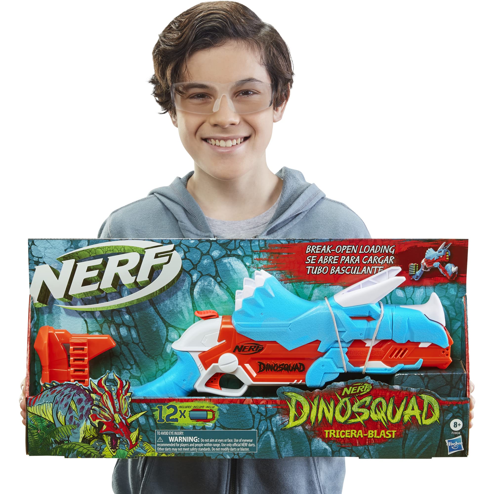 Nerf DinoSquad Tricera-Blast Dart Blaster with 12 Elite Darts - Outdoor Toy for Kids Ages 8+ - Dinosaur-Themed Foam Blaster for Boys and Girls - Perfect for Backyard Battles and Pretend Play
