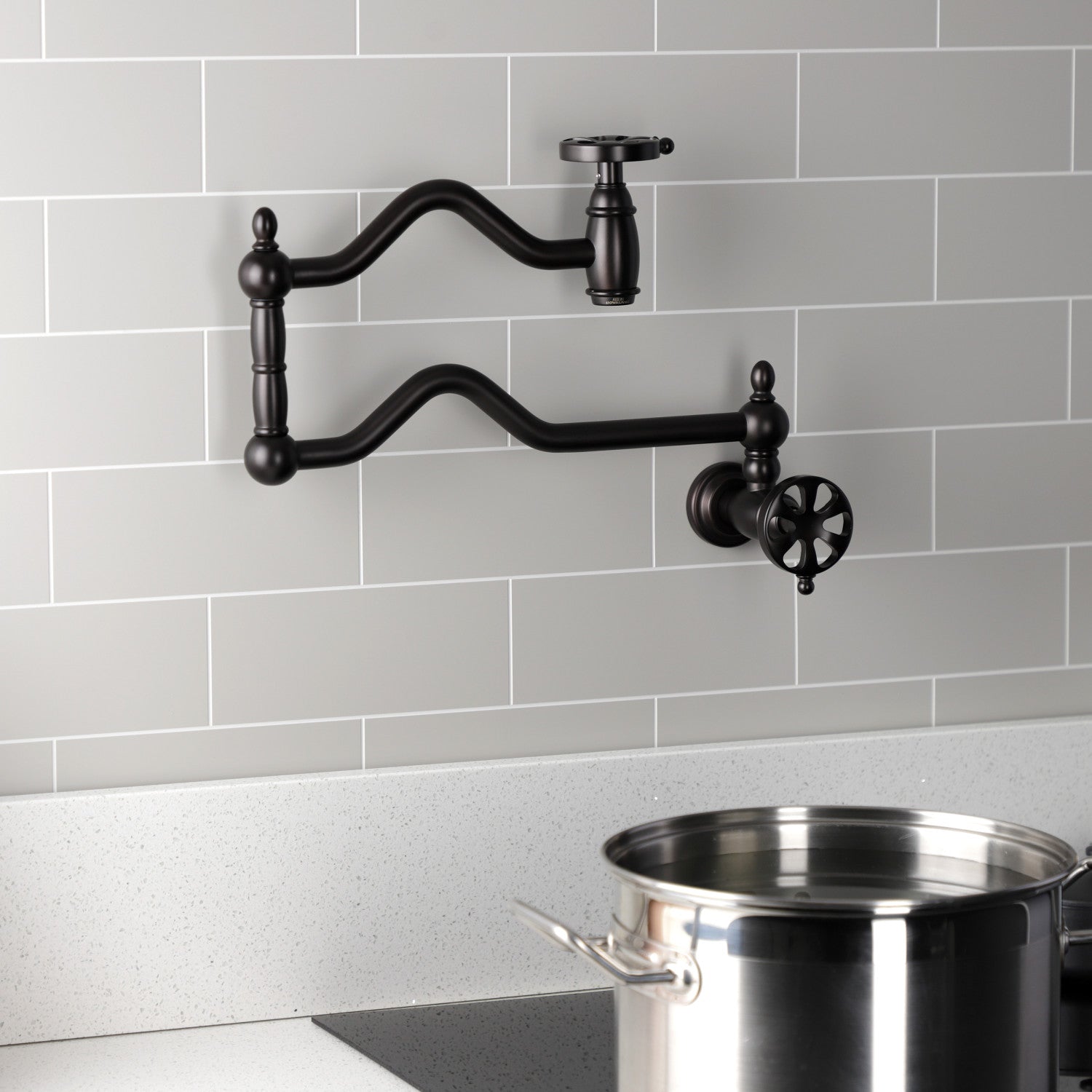 Belknap KS2105RX Oil Rubbed Bronze Two Handle Wall Mount Pot Filler Faucet - Ideal for Kitchen Sink, Stove Area & Cooking Stations