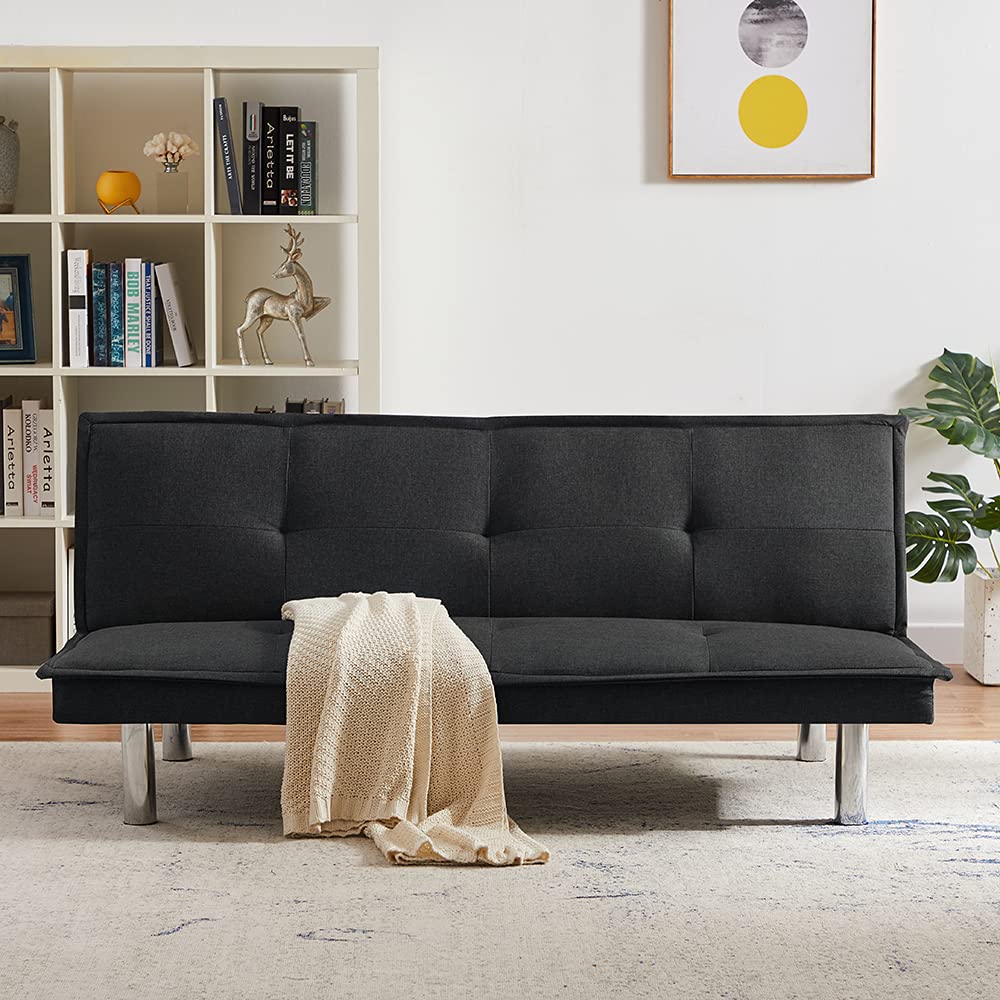 Modern Fabric Sofa Bed Futon with Chrome Legs - Convertible Folding Couch for Small Spaces, Apartments & Dorm Rooms - Black | Perfect for Guest Rooms, Studio Living & Multi-Functional Furniture Needs