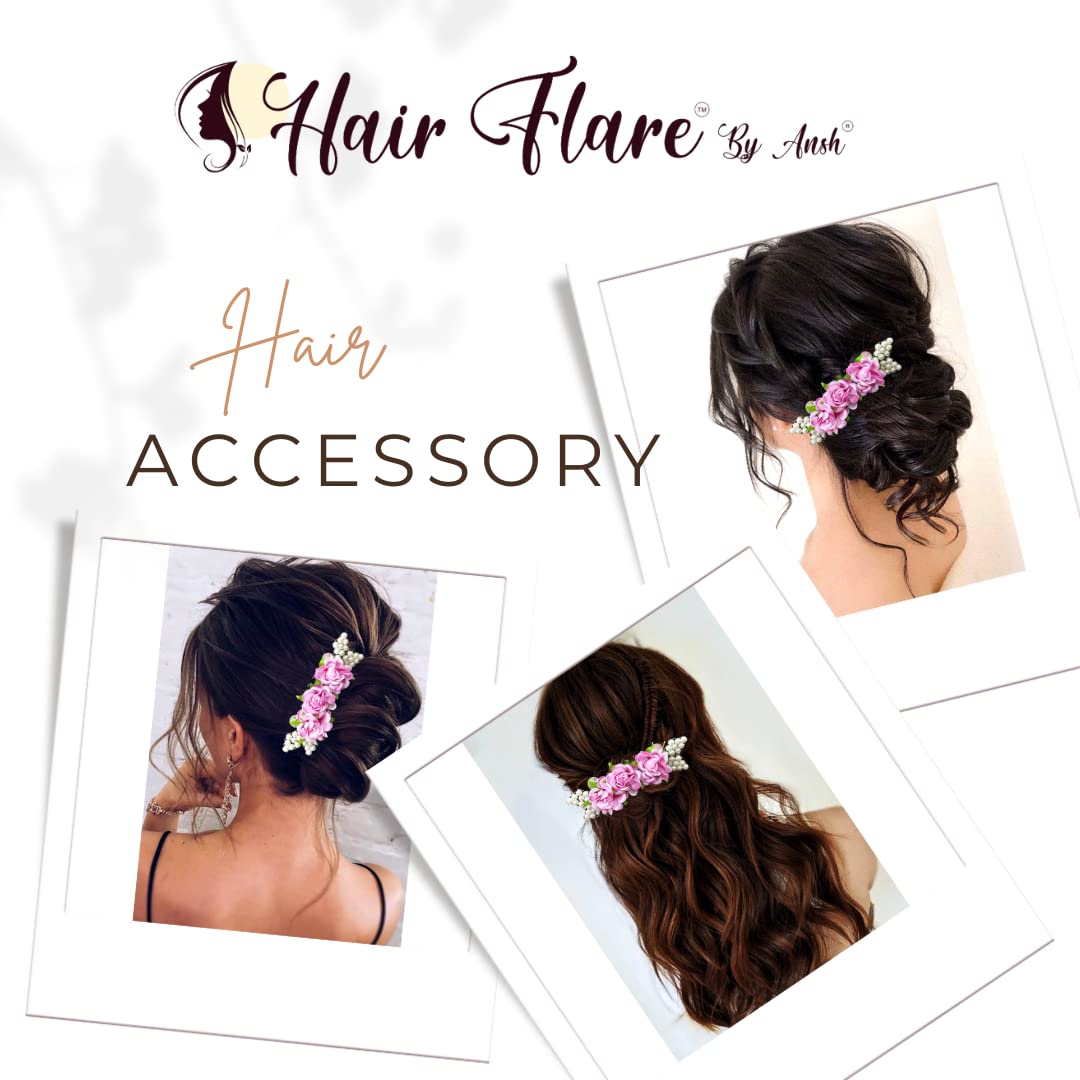 Artificial Floral Hair Comb Slide - Pink Side Juda Comb Hairpin for Women & Girls | Wedding, Prom, Party Hair Accessories