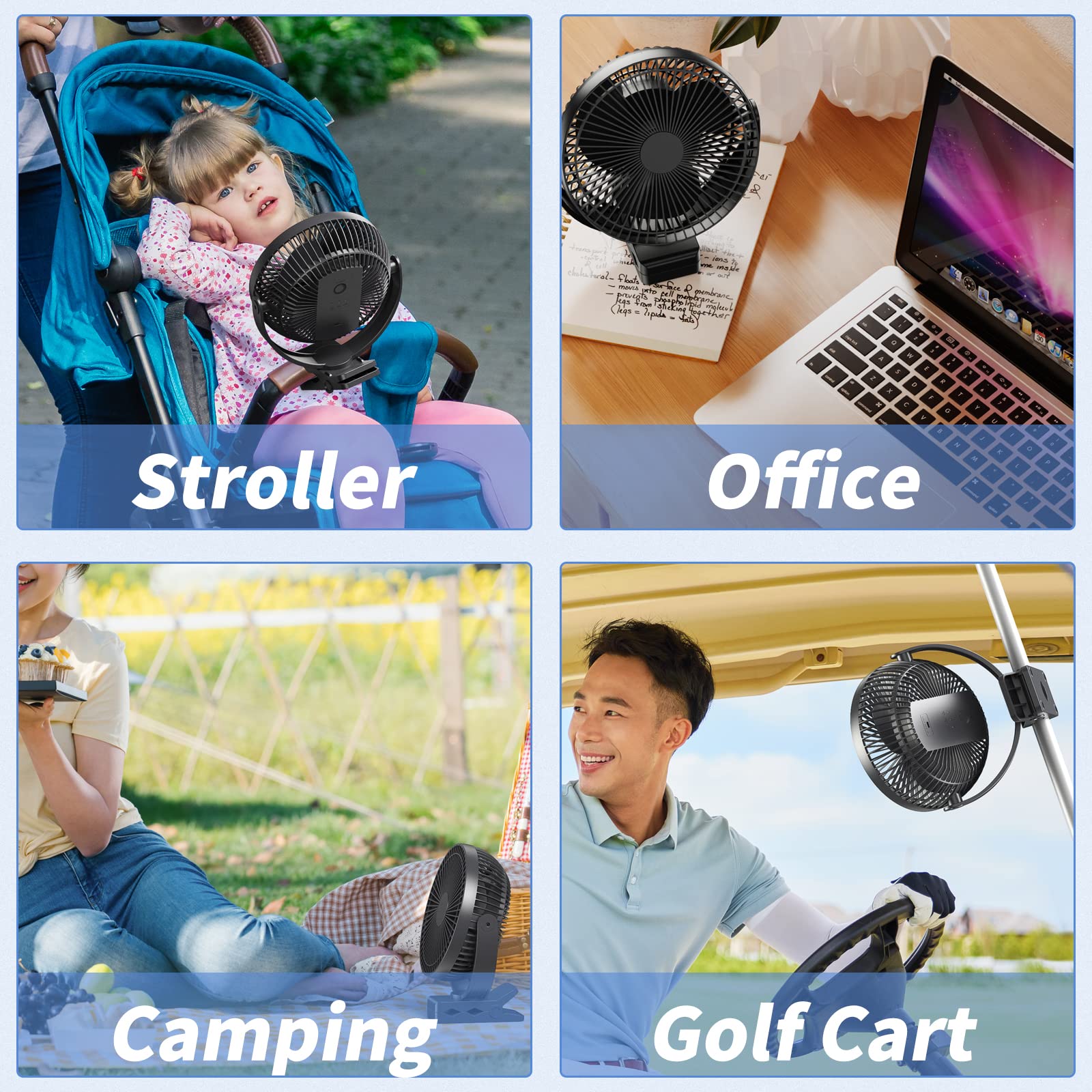 Rechargeable 8-Inch Clip on Fan with 10000mAh Battery - 4 Speed Adjustable & 360° Rotation Portable Desk Fan for Golf Cart, Office, Bedroom, Travel, Camping, Outdoor & Indoor Use (Black)