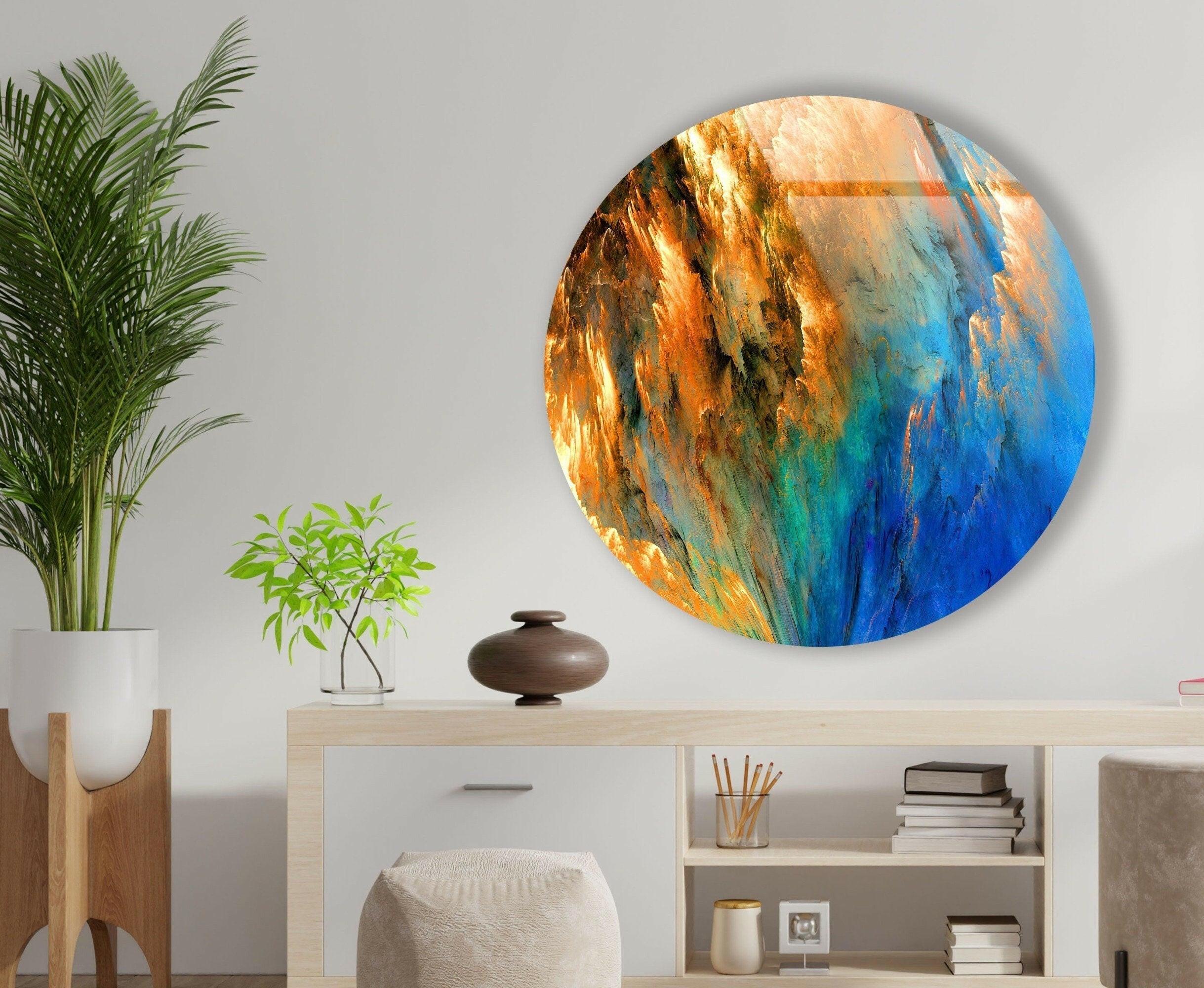 Blue & Orange Abstract Round Glass Wall Art Decor - Modern Handmade Glass Mosaic for Living Room, Bedroom, Office & Dining Area
