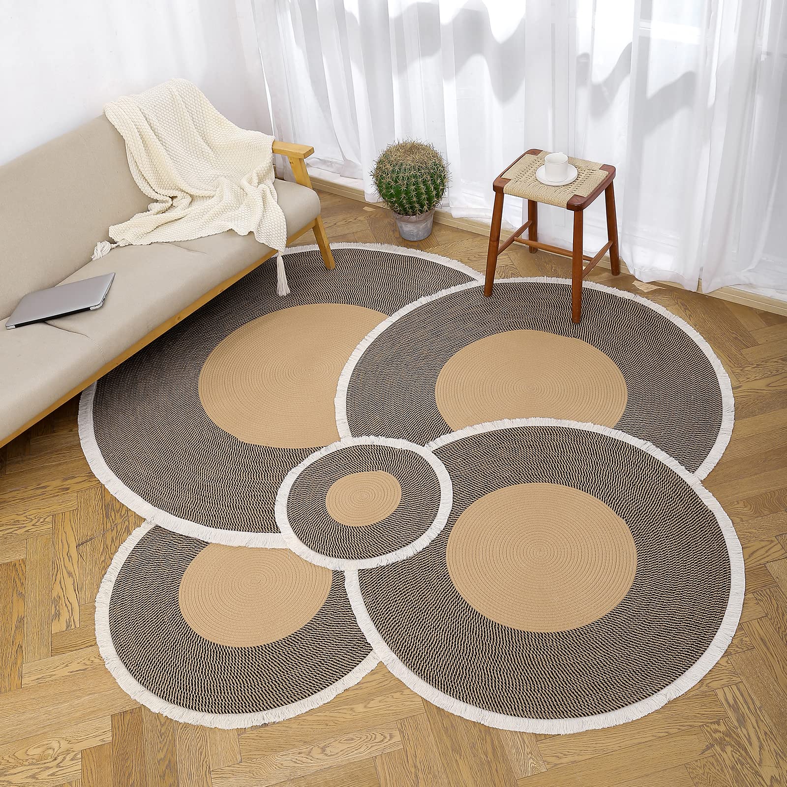 Handwoven 5ft Round Cotton Rope Rug with Tassel Trim – Washable Boho Braided Circle Rug for Living Room, Bedroom, Nursery – Beige & Black, Soft & Durable – Perfect for Bohemian Home Decor, Cozy Floor Mat for Yoga & Meditation Spaces