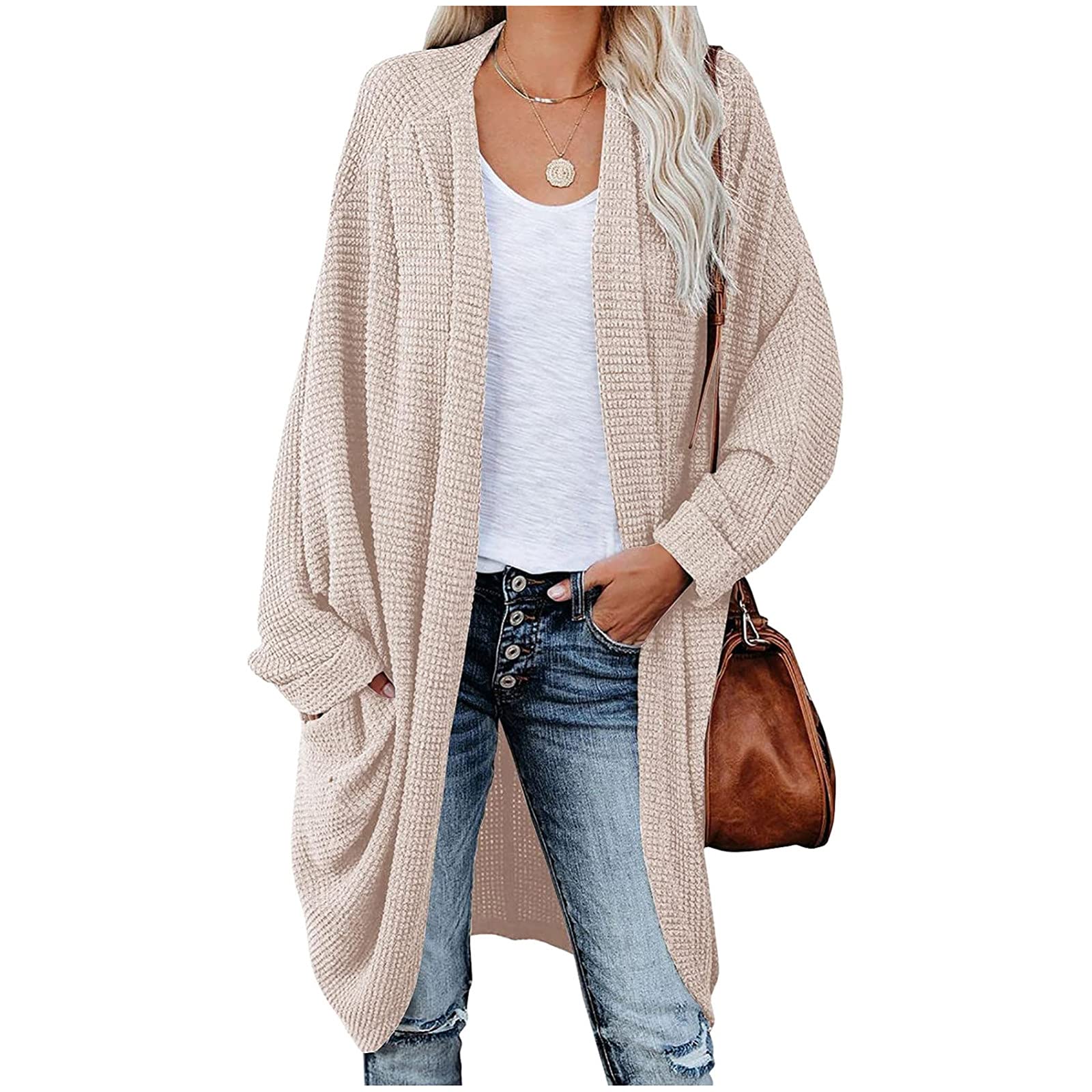 Sinifer Women's Waffle Knit Kimono Cardigan - Long Batwing Sleeve Open Front Lightweight Sweater for Lounge, Yoga & Casual Outfits