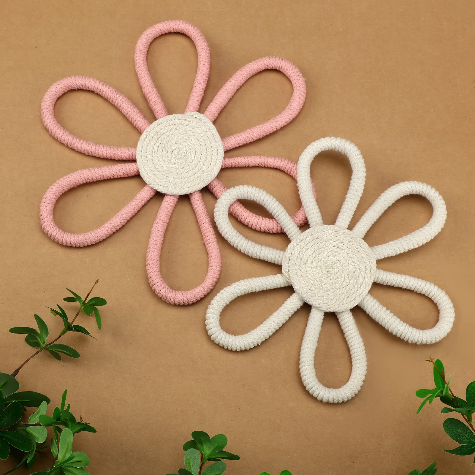 Boho Daisy Flower Woven Macrame Wall Hanging - Nursery Decor for Girls, Baby Room, Kids Dorm - 2 Piece Set in Pink & White - Perfect for Bohemian Home Decor & Baby Shower Gifts