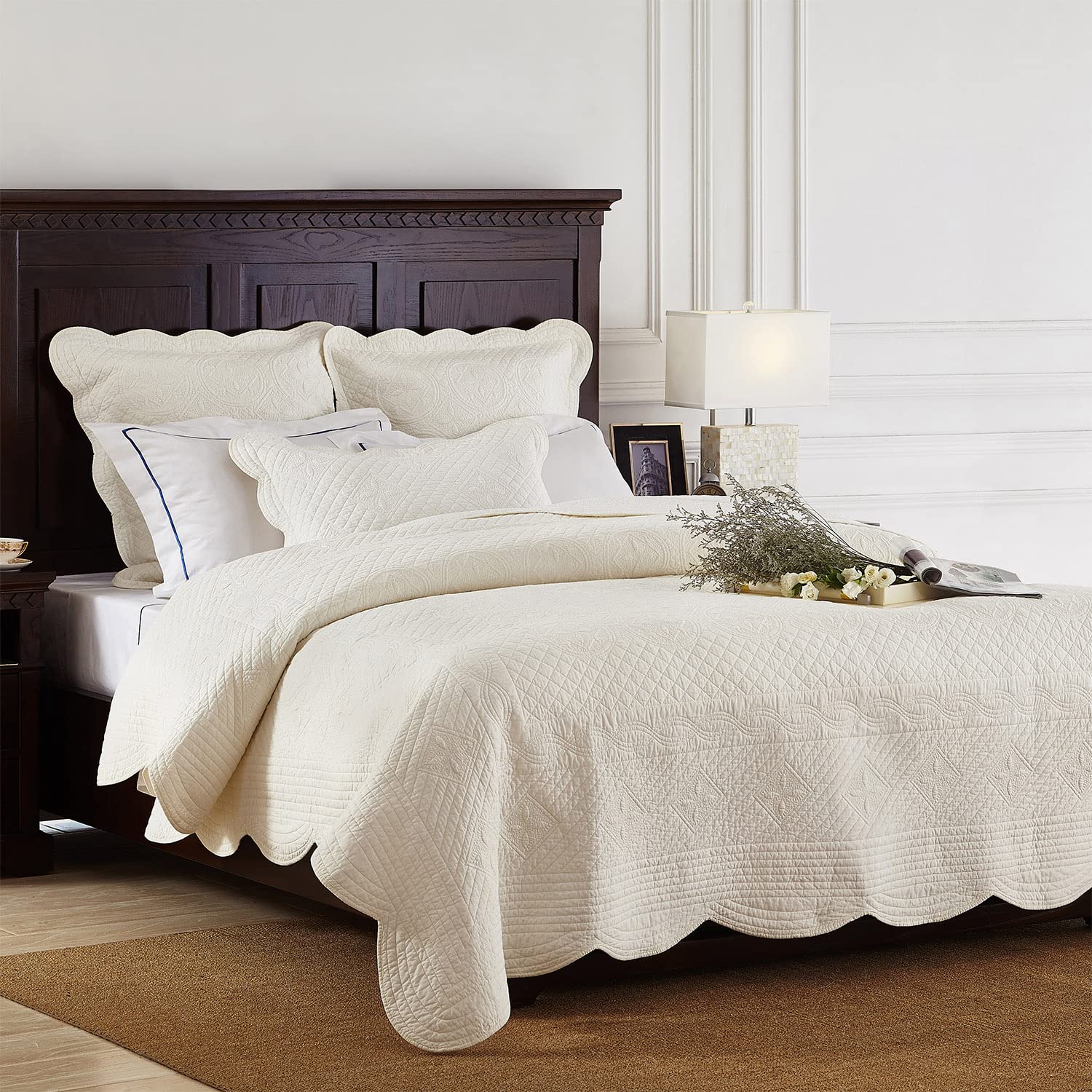 Luxury Calla Angel Sage Garden Pure Cotton Matelasse Quilt King Size Ivory - Elegant Bedding for Master Bedroom, Guest Room & Hotel Decor
