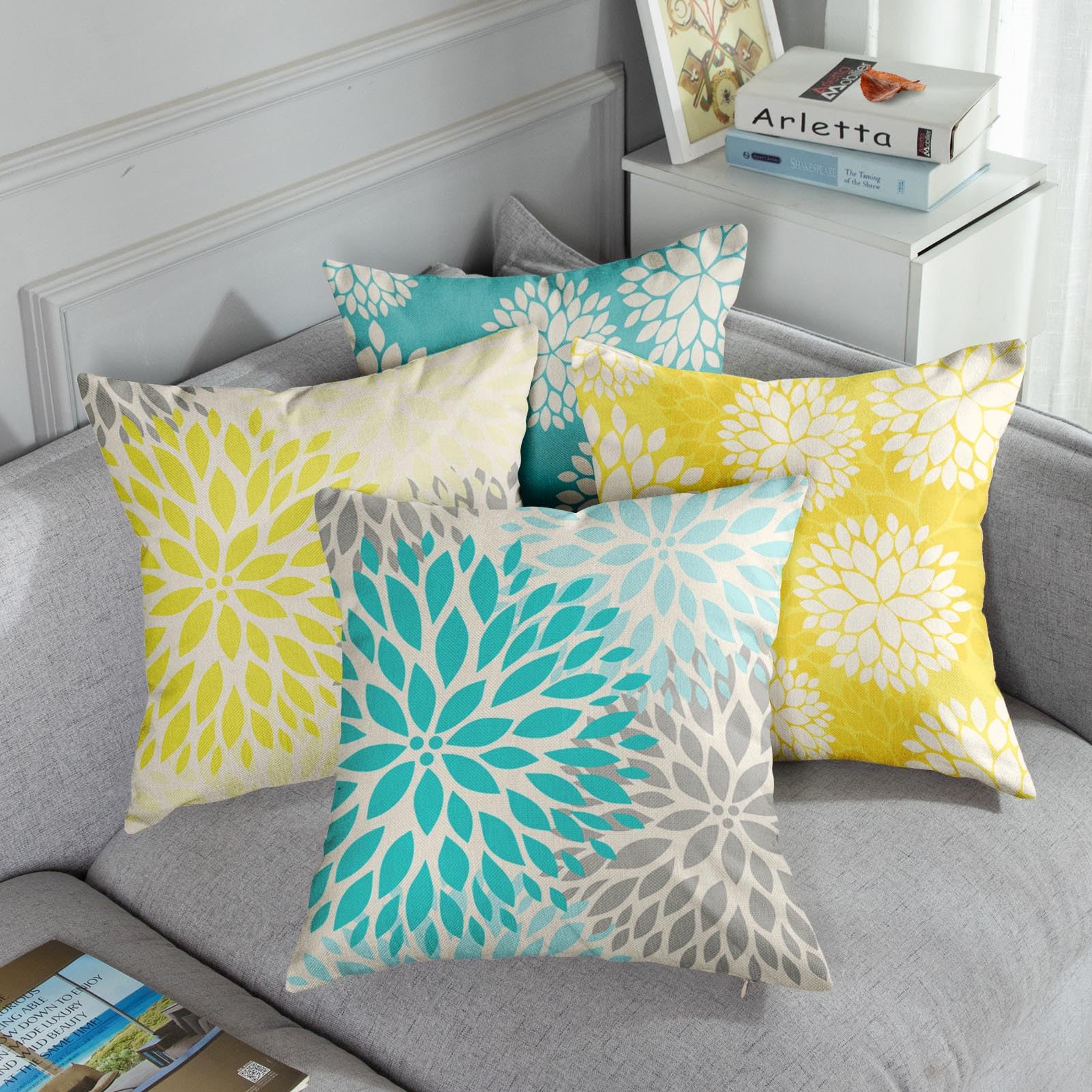 Decorative Linen Throw Pillow Covers Set of 4 - Yellow, Gray, Pastel Blue & White Floral Teal Turquoise Aqua Lemon Dahlia - 16x16 Inches for Sofa, Bed, Couch & Home Decor