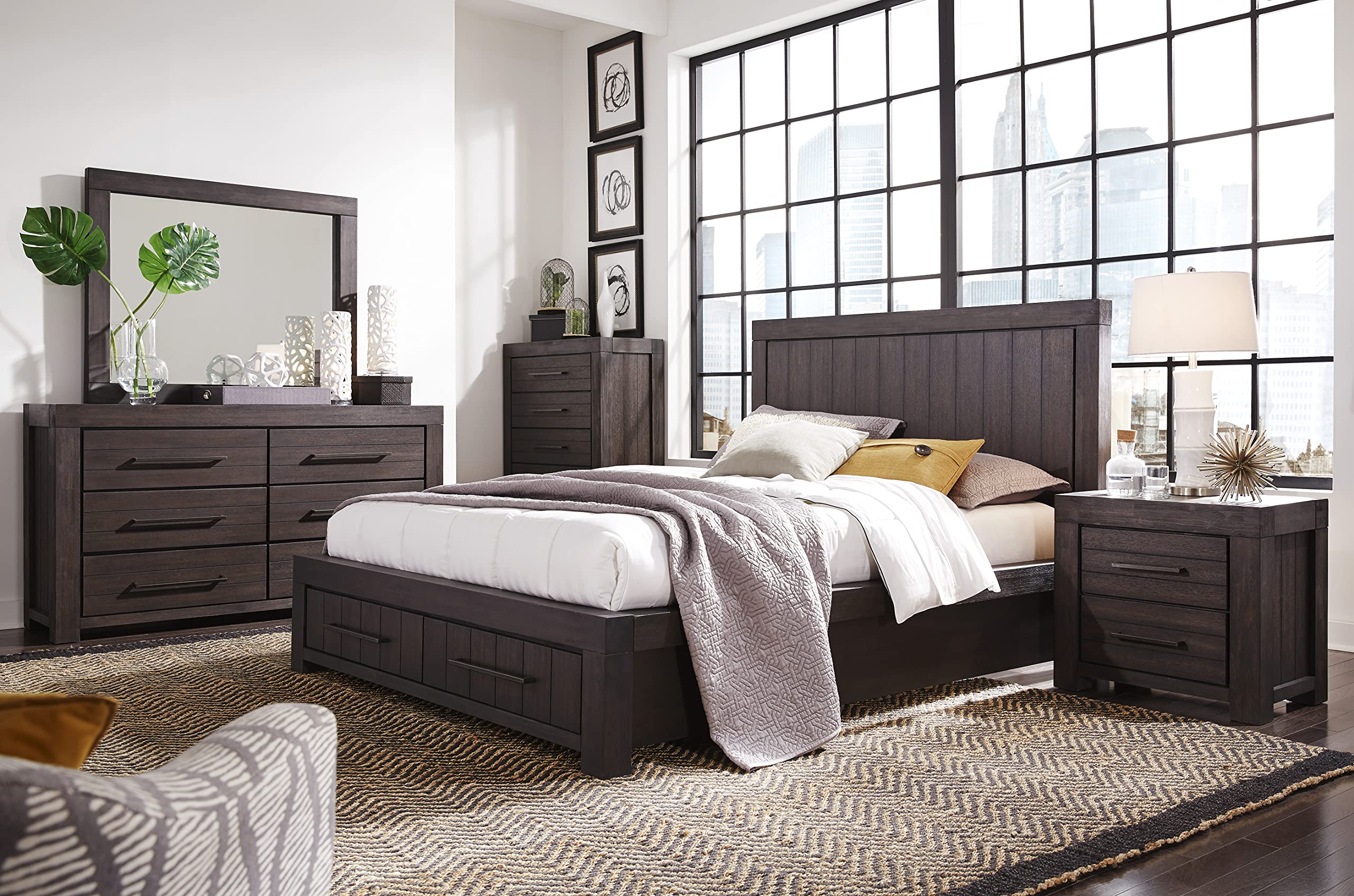 Modus Furniture Solid Wood Nightstand with 2 Drawers - Heath Collection in Basalt Grey | Bedroom Side Table for Storage & Decor