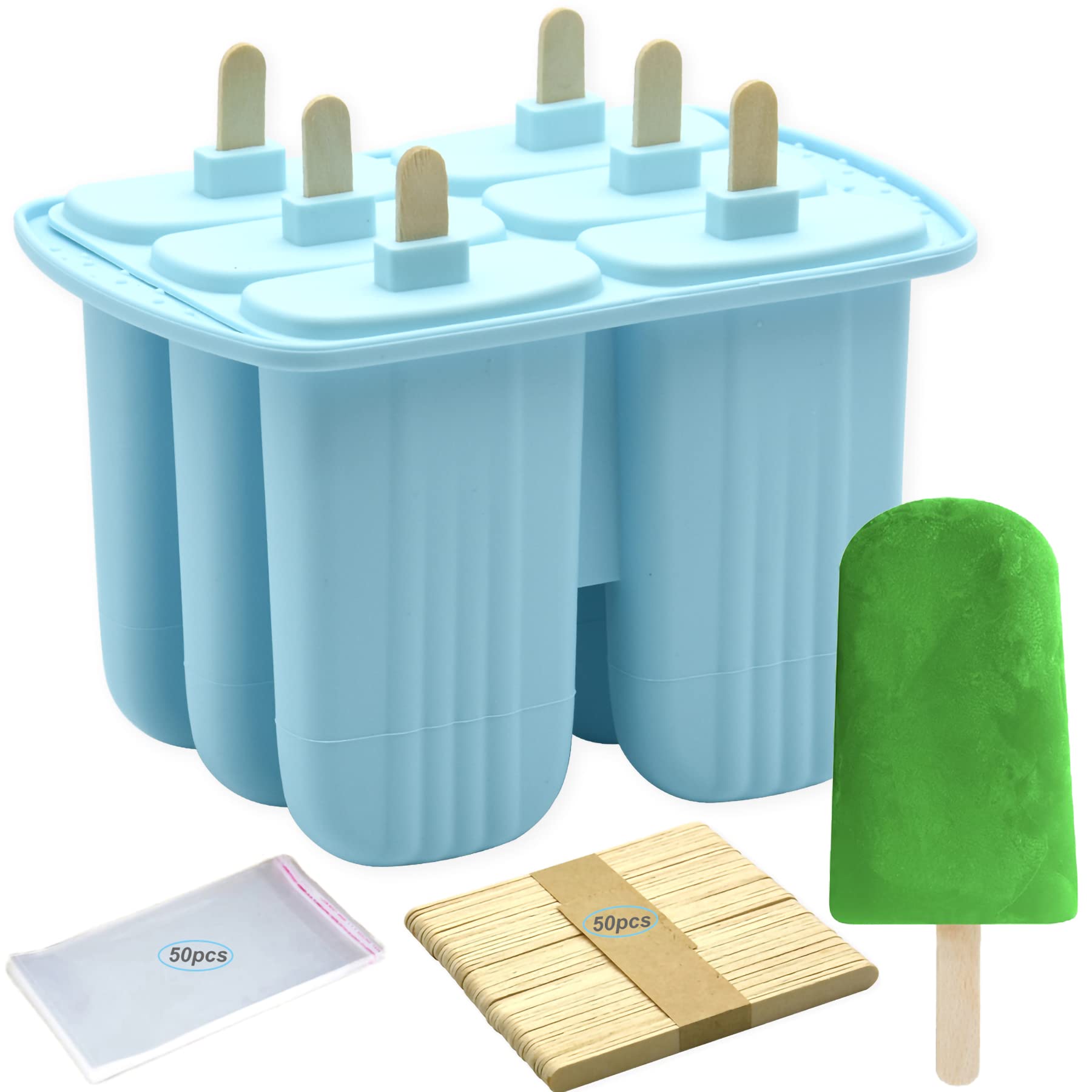 BPA-Free Silicone Popsicle Molds Set of 6 - Reusable Ice Pop Maker for Homemade Treats with 50 Sticks & Bags (Blue) - Perfect for Kids Summer Snacks, Birthday Parties & Healthy Frozen Desserts
