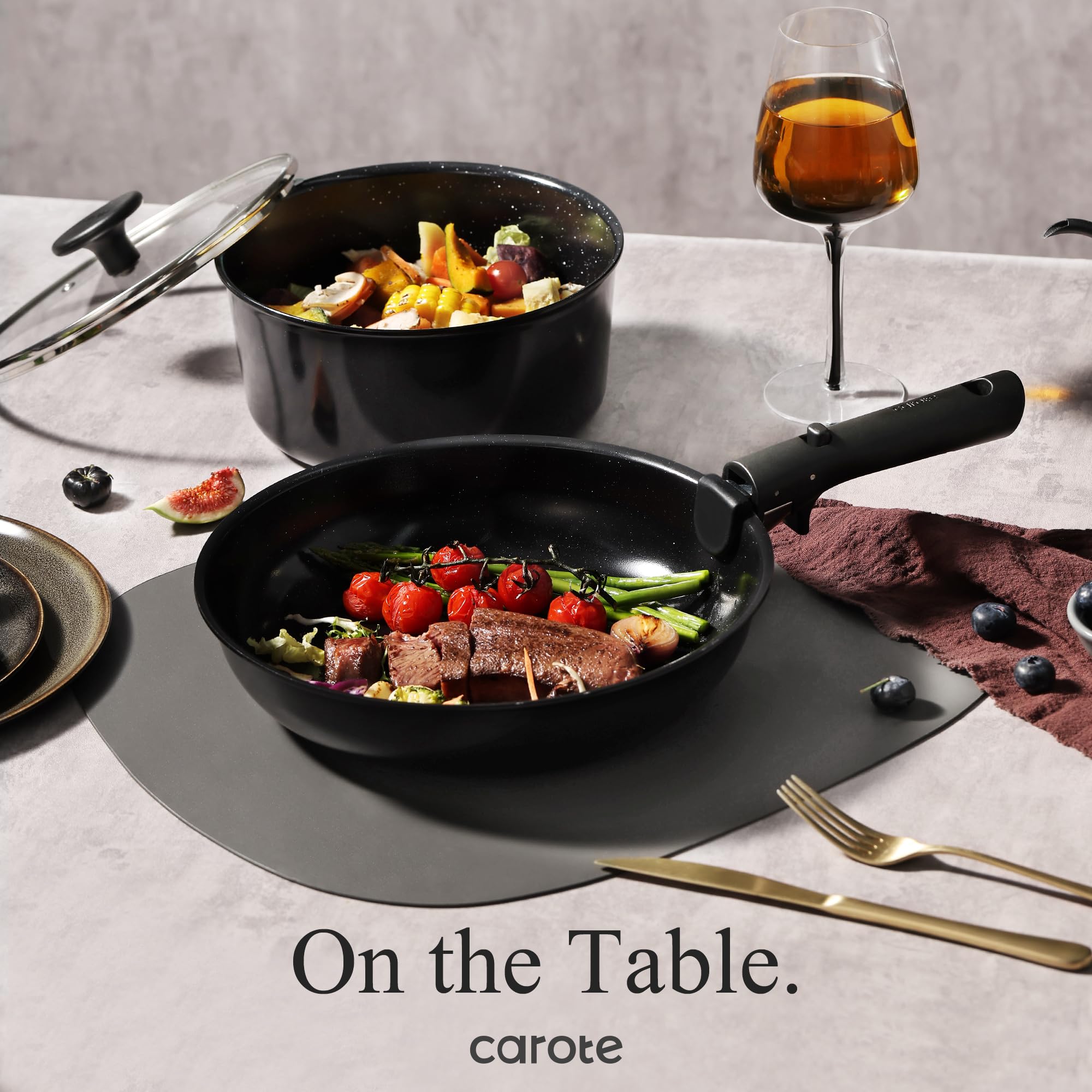 CAROTE 15-Piece Ceramic Non-Stick Cookware Set - Pots and Pans Set for Induction Stove, RV & Kitchen | Detachable Handle, Dishwasher & Oven Safe, Black | Perfect for Home Cooking, Camping & Small Spaces