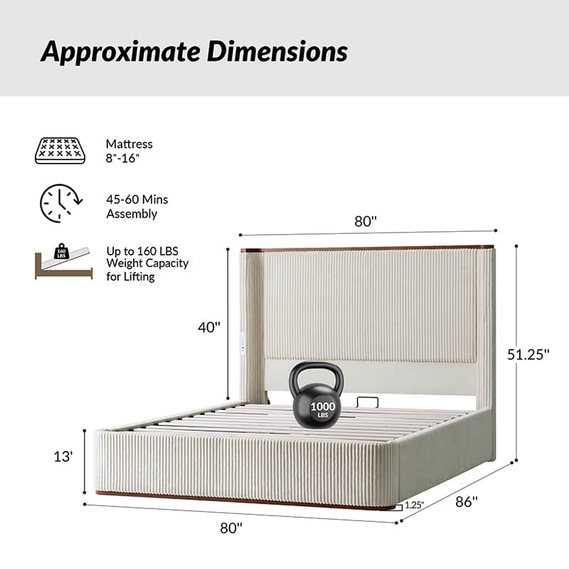 Thaine Hydraulic Storage Bed with LED Lighting & USB Charging Ports - Space-Saving Bed Frame with Underbed Storage for Small Apartments & Dorms