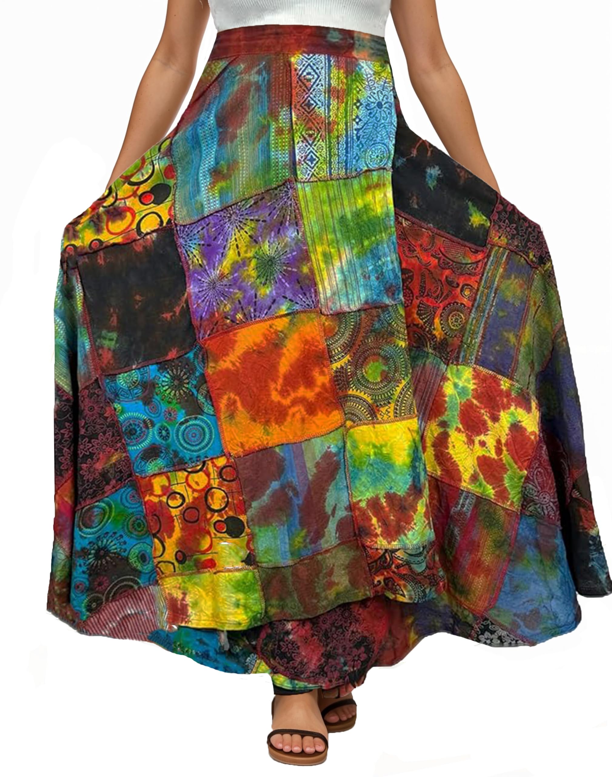 Agan Traders Women’s 2025 Spring & Fall Boho Maxi Skirt - High Waisted Patchwork Wrap Long Skirt with Tie Up Detail | Perfect for Beach, Music Festivals & Bohemian Style Outfits