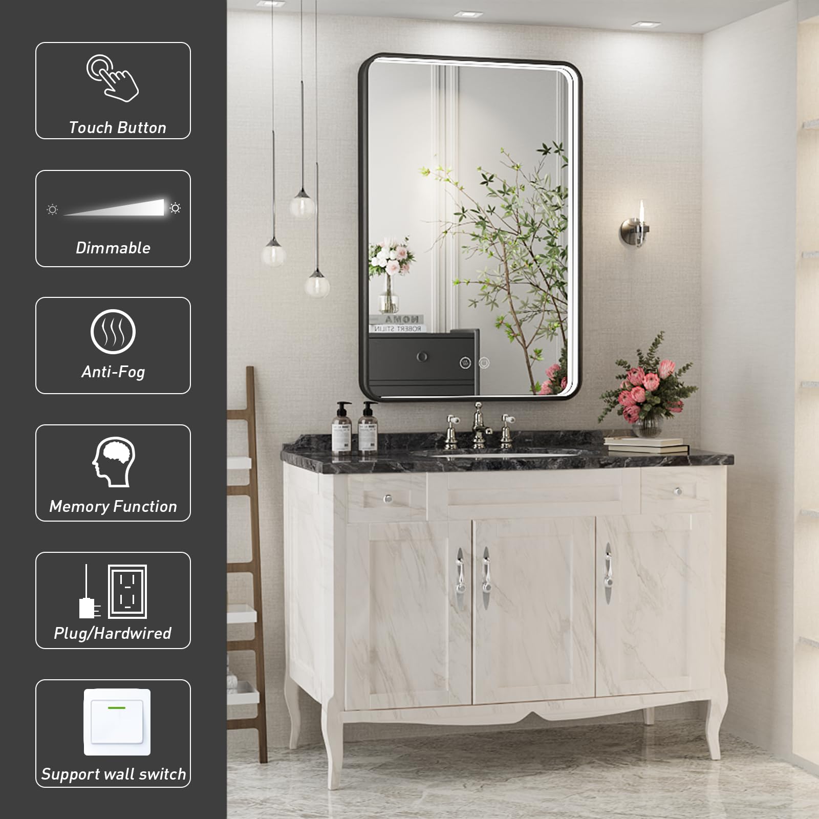 36x24 Inch LED Bathroom Mirror with Lights - Black Metal Frame Anti-Fog Vanity Mirror with Dimmable Lighting - Perfect for Makeup, Shaving & Home Decor (Wall Mounted)