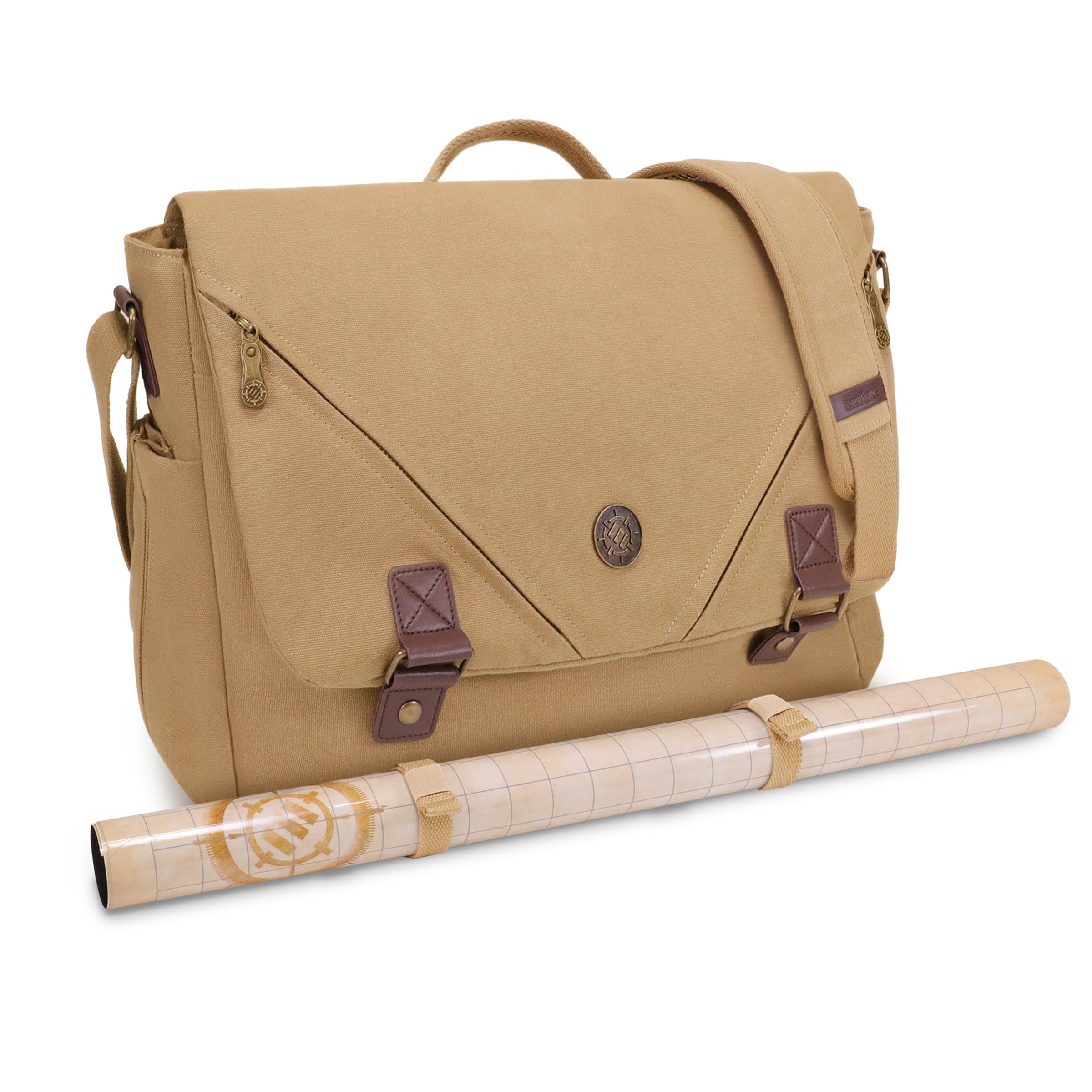 ENHANCE Venture DND Bag - Premium Canvas RPG Messenger Bag for Dungeons & Dragons Players | Holds 2-4 Books, Dice & Accessories | 17 Inch Laptop Compartment | Vegan Leather Trim (Khaki) | Perfect for Game Nights, Conventions & Travel