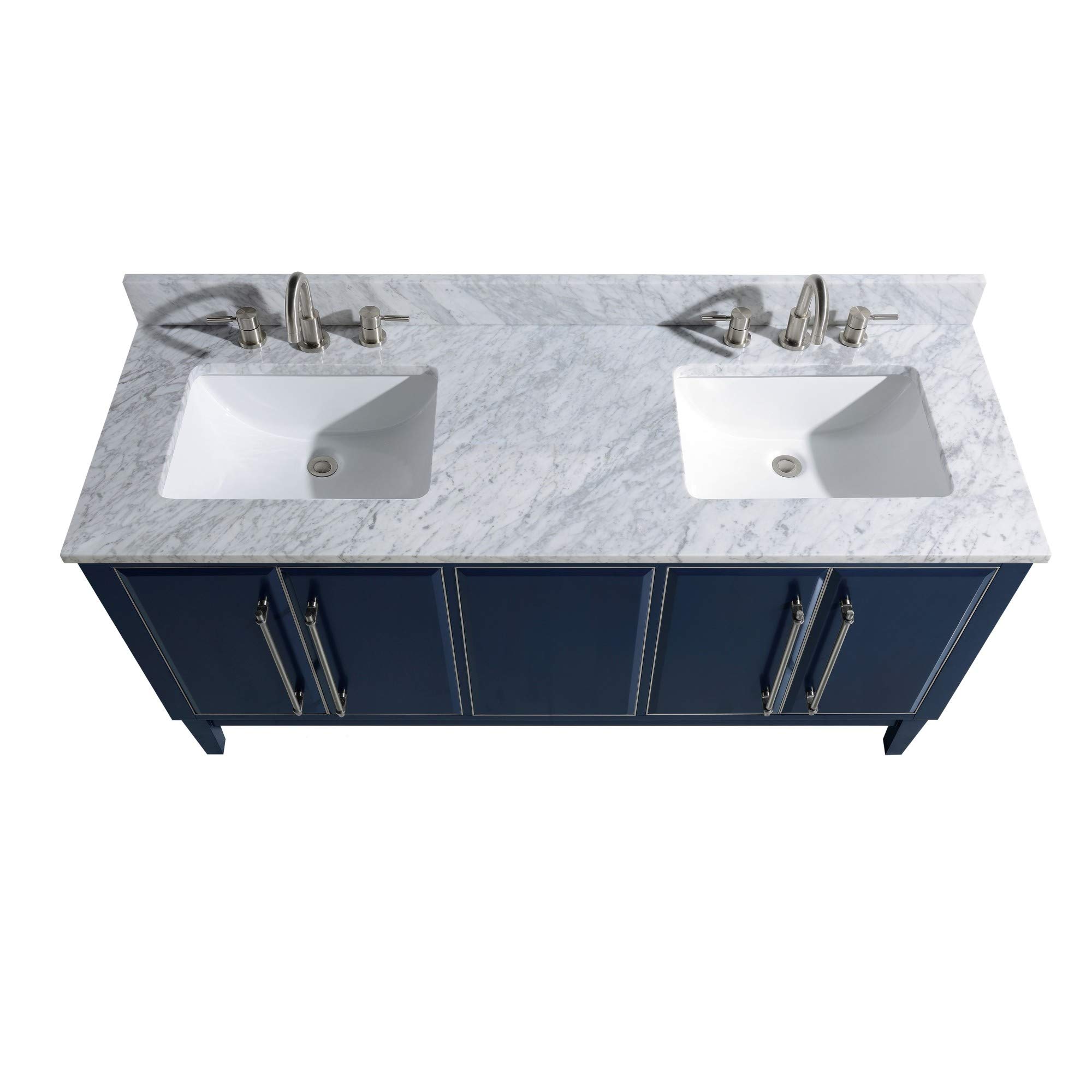 61-Inch White Bathroom Vanity Set with Silver Trim & Carrara White Marble Top - Modern Double Sink Vanity for Master Bathroom Remodel