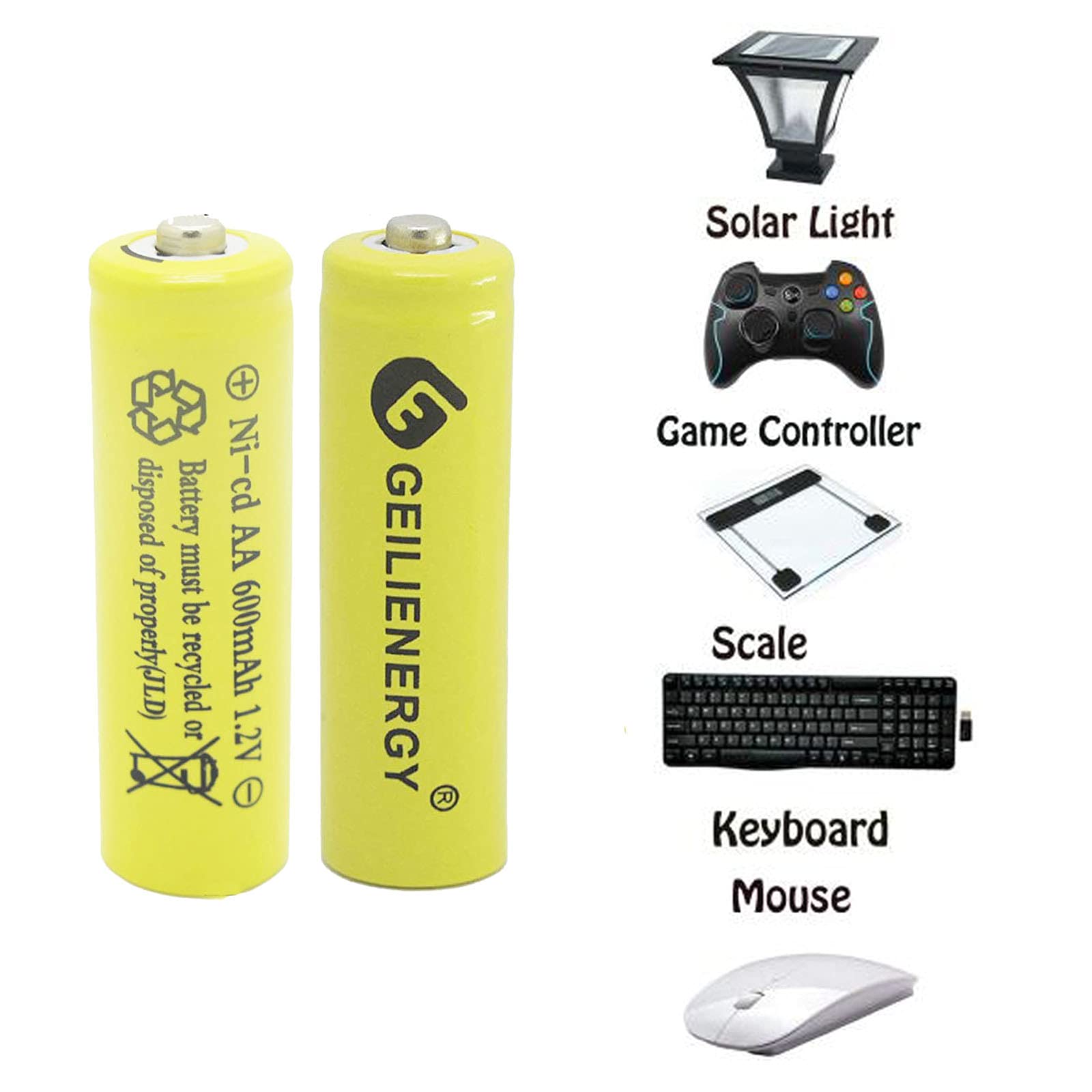 600mAh 1.2V NiCd Rechargeable Batteries (16 Pack) - AA Size for Solar Lights, Garden Lights, Remote Controls, Computer Mice - Ideal for Outdoor & Home Use
