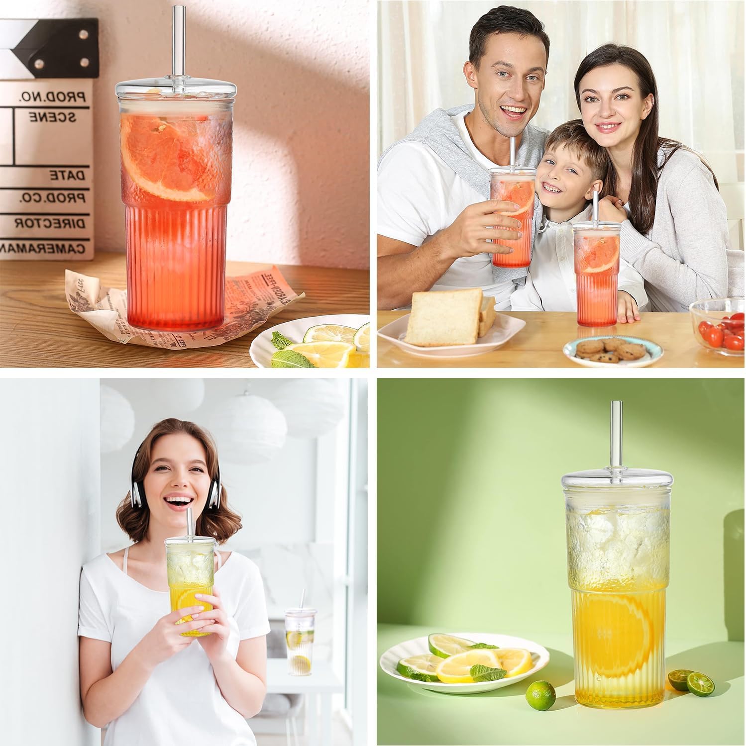 ALINK 22 oz High Borosilicate Glass Cups with Lids and Straws - Clear Iced Coffee Tumblers, Smoothie & Tea Drinking Glasses - Pack of 2 with Cleaning Brush - Perfect for Cold Brew, Iced Tea, and Refreshing Summer Drinks