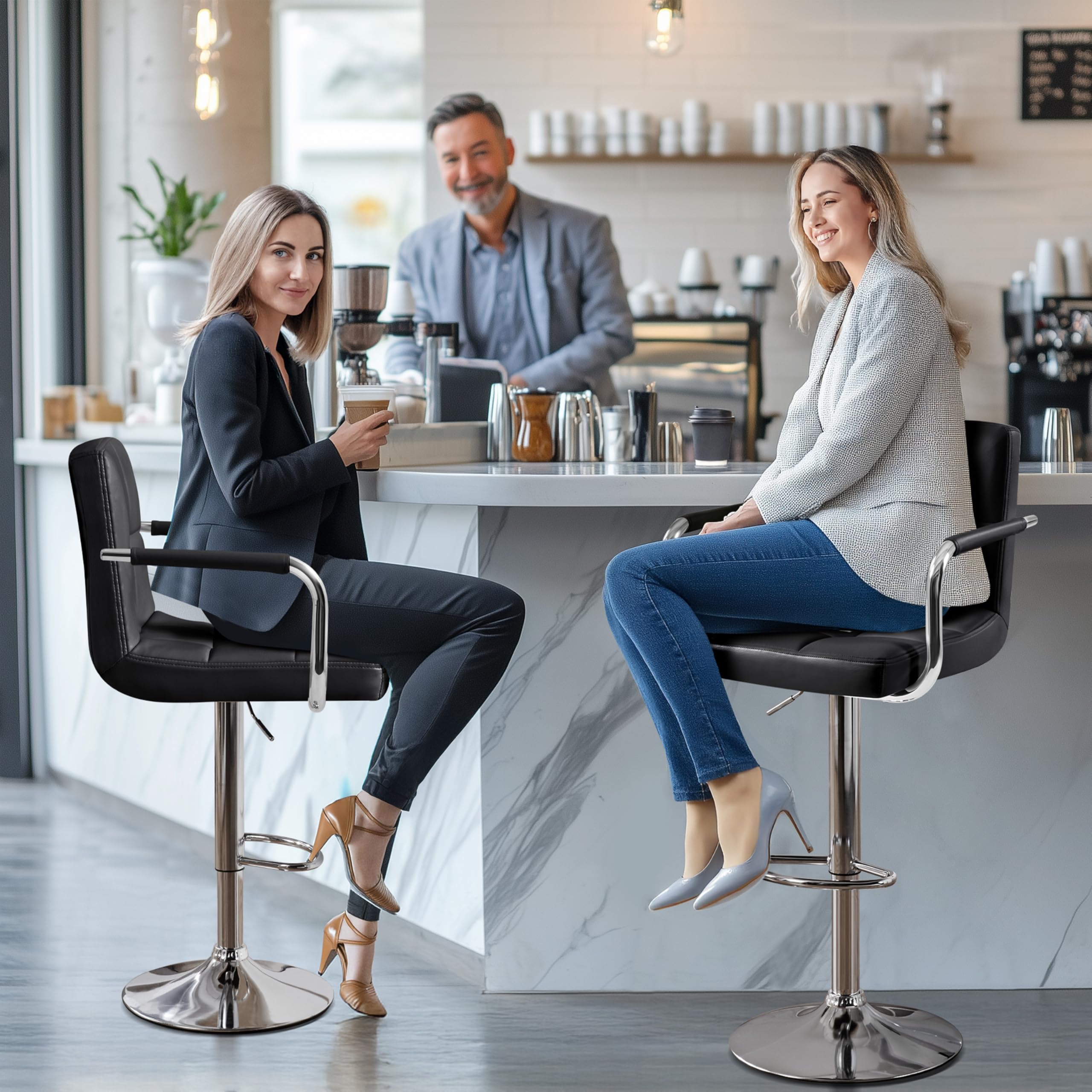 Yaheetech 2-Pack Adjustable Swivel Bar Stools with PU Leather Seat - Hydraulic Height Counter Stools with Armrest & Back Support for Kitchen, Bar & Dining Room - Perfect for Breakfast Nook, Home Bar & Entertainment Areas - Black