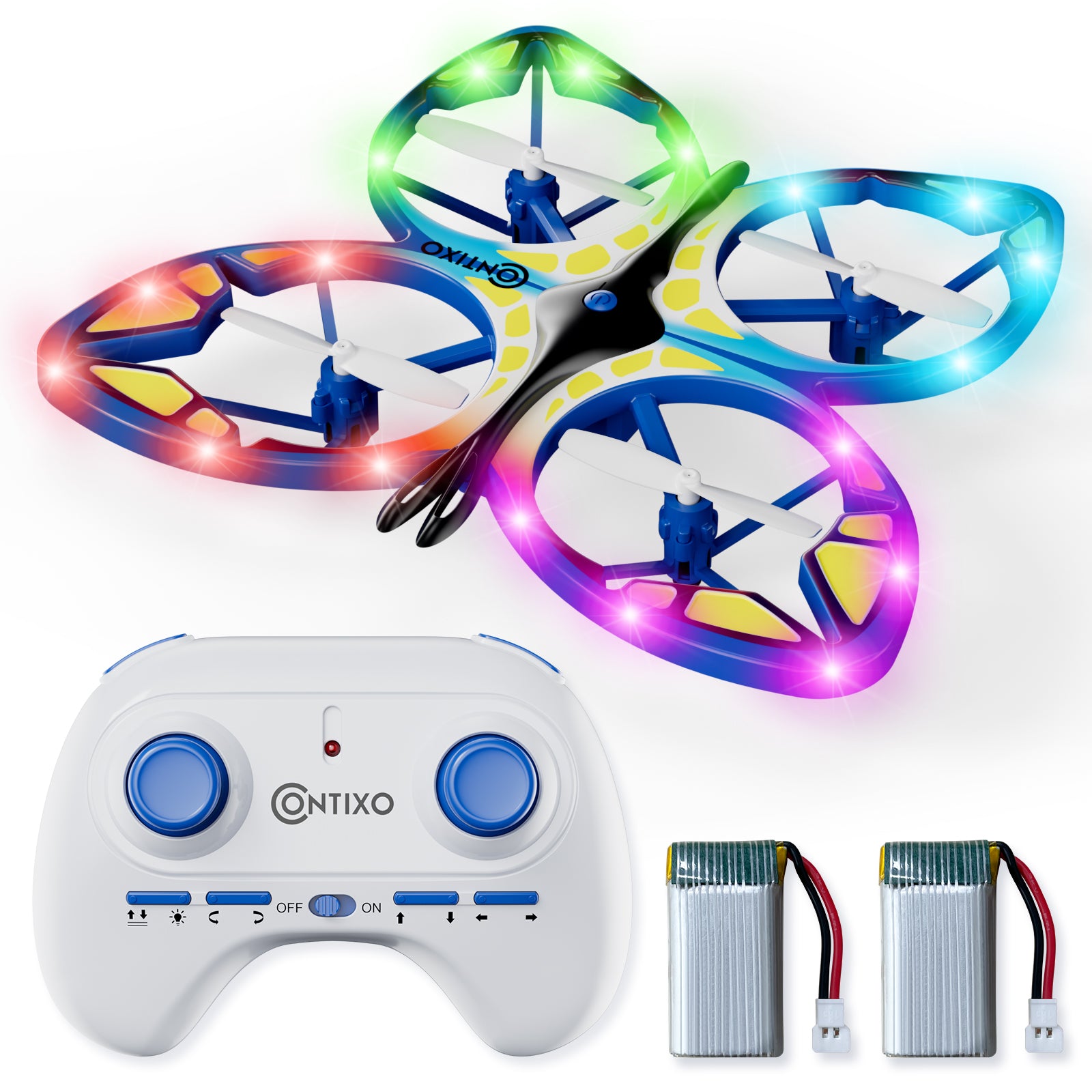 Contixo TD2 Butterfly Drone with LED Light Effects - 2.4GHz Remote Control Blue RC Quadcopter for Kids & Adults - Indoor/Outdoor Flying Toy for Beginners, Night Flying, and Aerial Photography
