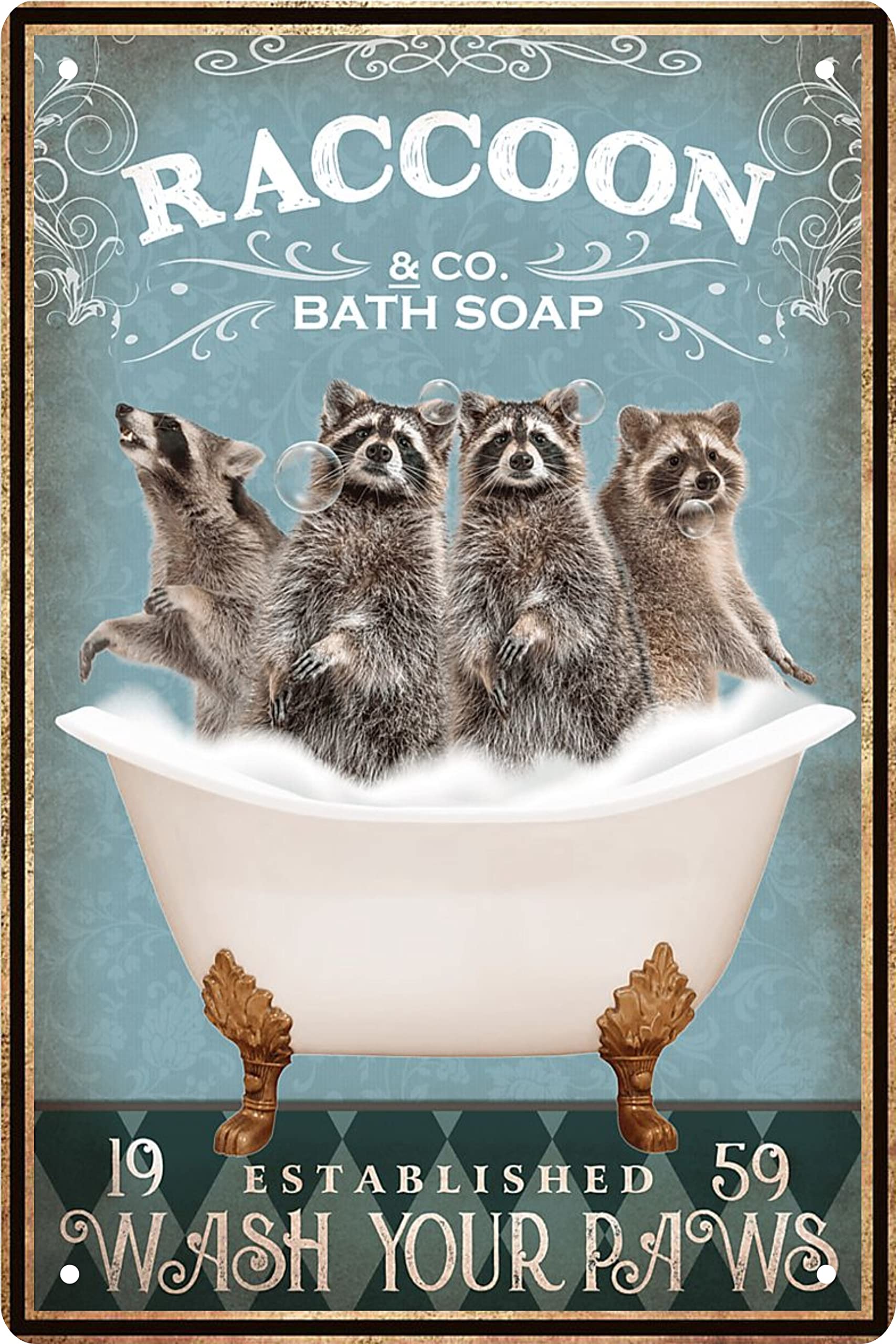 Vintage Raccoon Metal Tin Sign - Funny Bathroom & Bathtub Decor for Pet Lovers - Retro Farmhouse Wall Art - Perfect for Home, Bar, Man Cave - 8x12 Inch - Great Gift Idea for Animal Lovers & Unique Bathroom Accessories