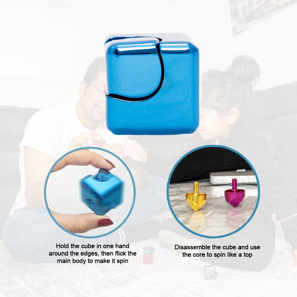 QUBI Cube Spinner 4-in-1 Fidget Toy for Anxiety Relief & Focus - Aluminum Alloy Stress Relief Spinner for Kids & Adults with ADHD, Autism - Blue Desktop EDC Fidget Spinner - Perfect for Office, School & Travel Stress Management