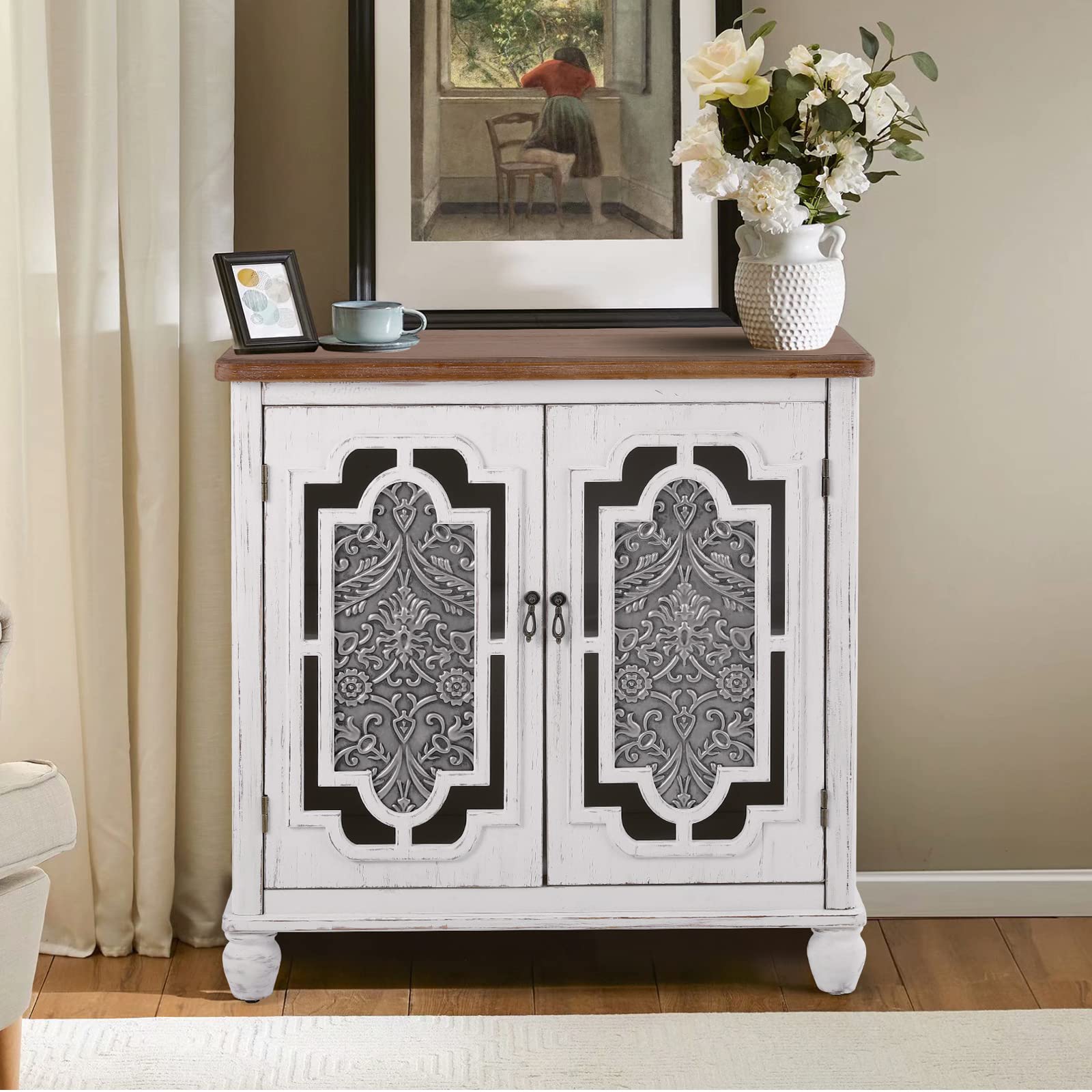 MAISON ARTS Farmhouse Accent Cabinet with 2 Doors - Solid Wood Storage Cabinet with Metal Embossing Pattern for Living Room, Entryway, Bedroom - Rustic Sideboard Buffet Cabinet for Home Decor & Organization
