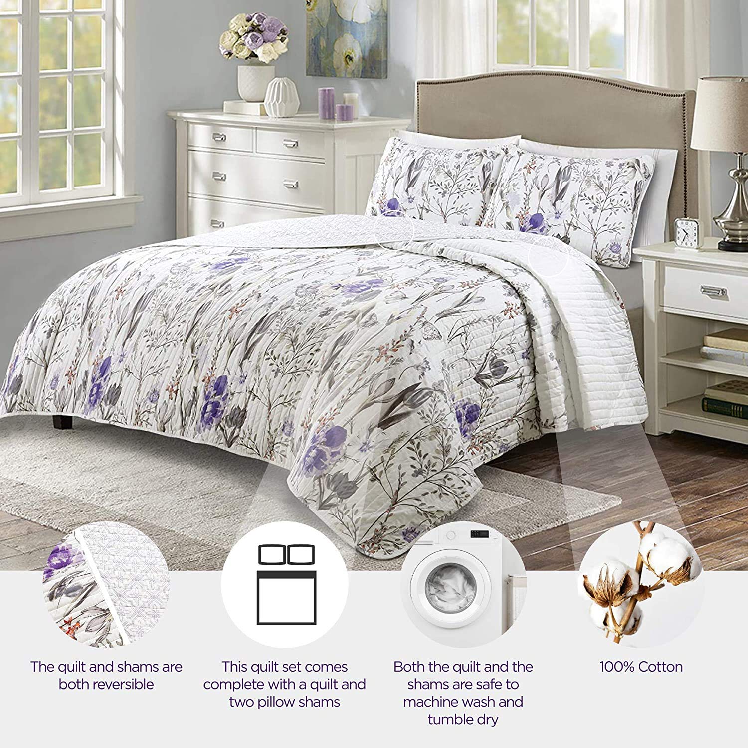 Lush Decor Adalia 3-Piece Purple and Gray Quilt Set King Size - Soft Bedding for Cozy Bedrooms & Guest Rooms