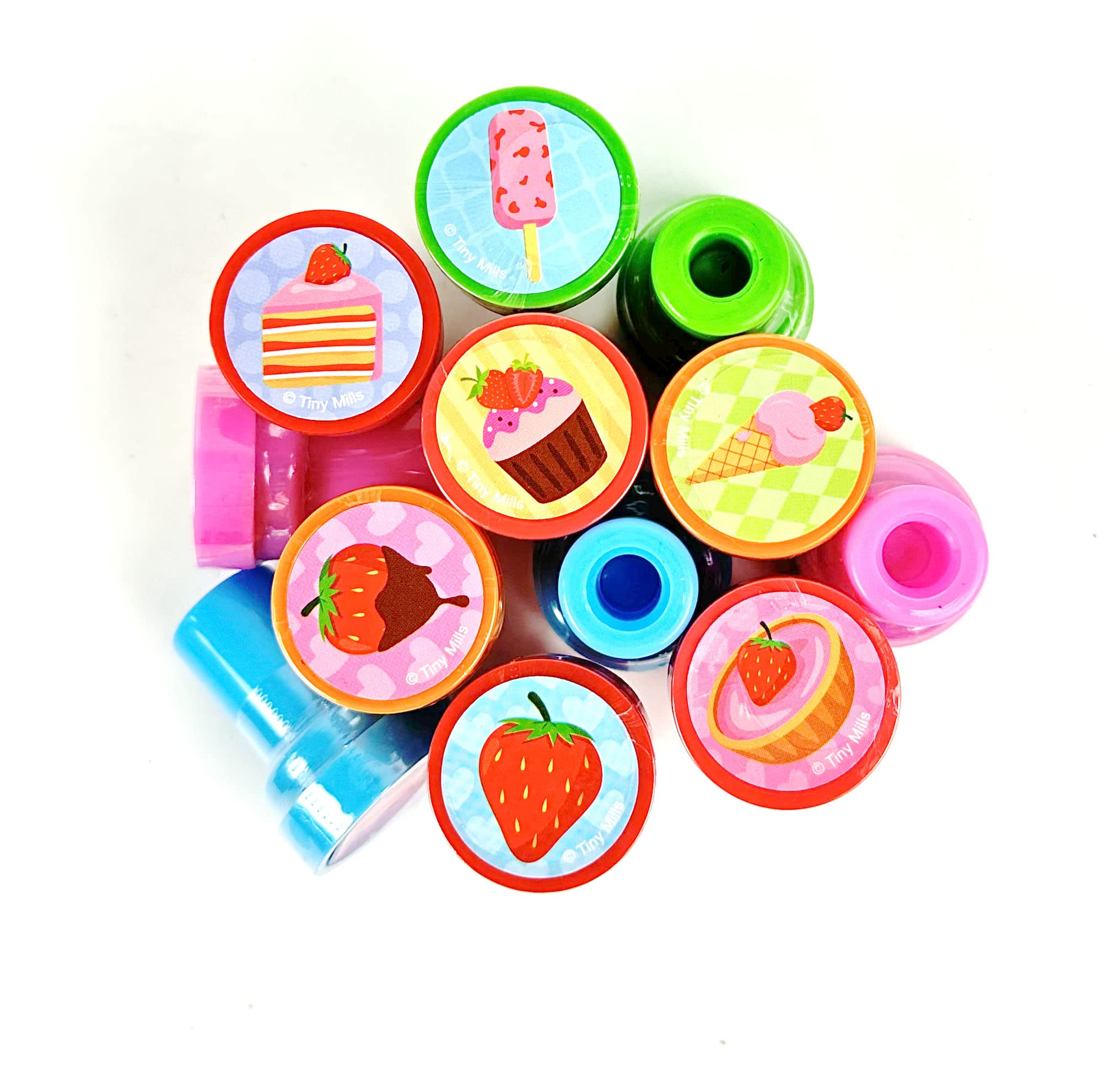 TINYMILLS 24 Pcs Strawberry Themed Self-Inking Stamps for Kids - 12 Cute Designs, Party Favors, Goody Bag Fillers, Carnival & Farm Party Supplies - Perfect for DIY Crafts, Scrapbooking & Classroom Activities