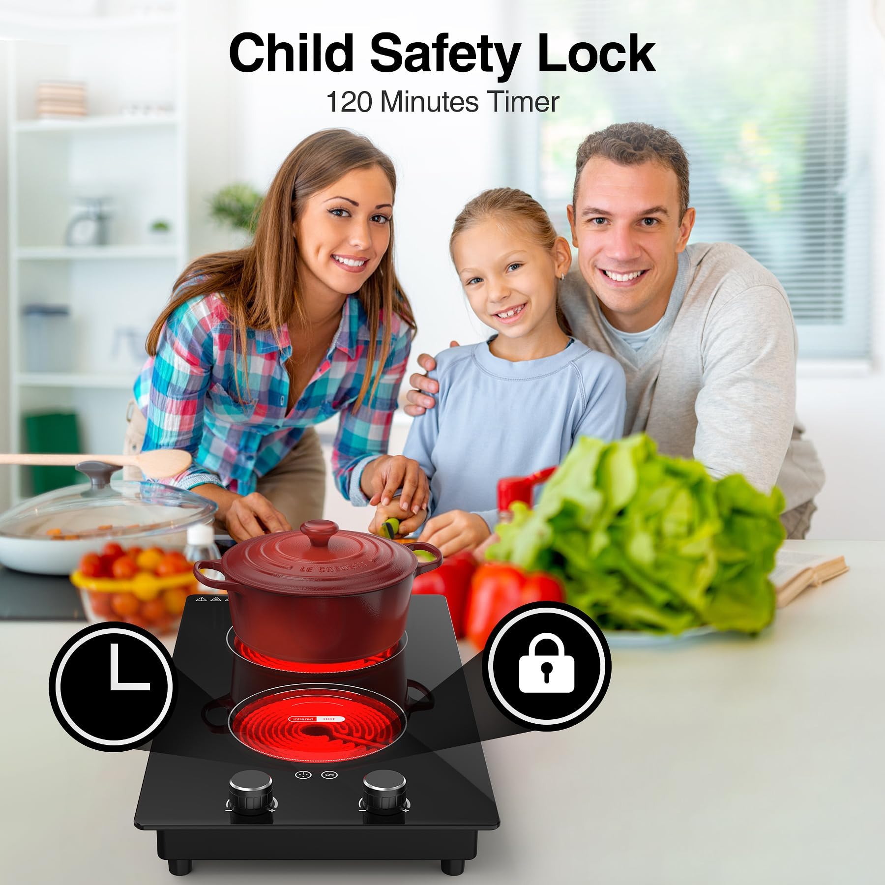 VBGK 3000W Electric Cooktop - Built-in & Countertop 2 Burner Induction Stove with 9 Power Levels, Child Safety Lock, Timer & LED Touch Control - Perfect for Home Kitchen, RV Cooking & Small Spaces (No Plug Included)