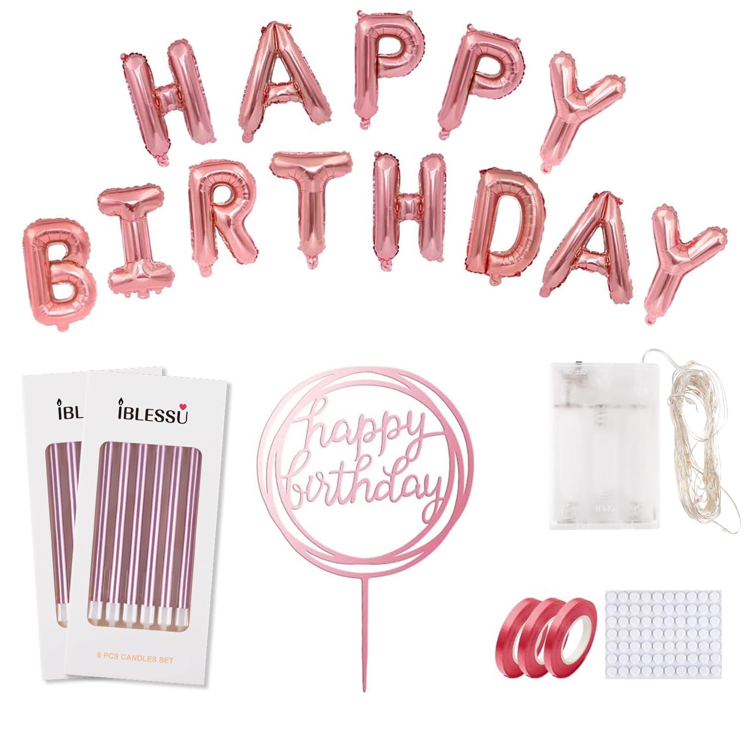 9-Piece Rose Gold Birthday Candles Set - Long Thin Cake Candles with Balloons & Toppers for Birthday Wedding Party Decorations - Perfect for Cakes, Cupcakes, and Dessert Tables
