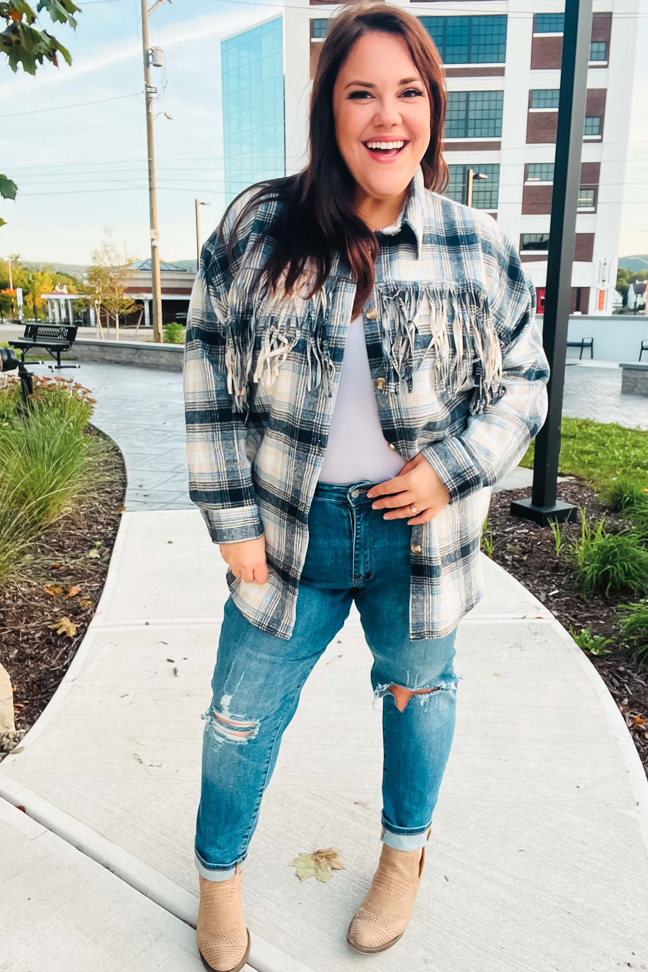 Boldly You Navy Plaid Fringe Button Down Shacket - Stylish Overshirt for Women | Fall & Winter Layering Essential | Perfect for Casual Outings, Workwear & Outdoor Adventures