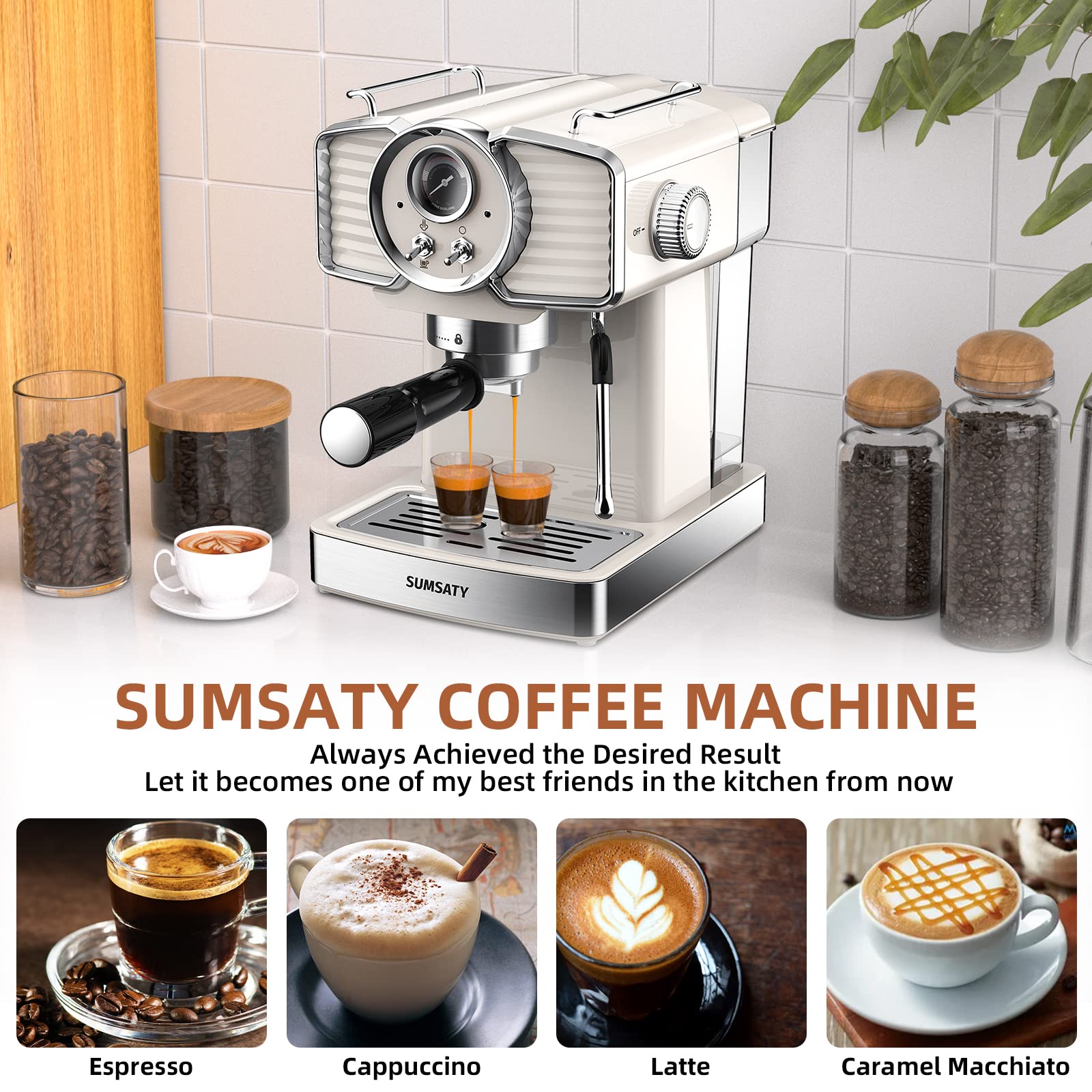 Professional 20 Bar Espresso Machine with Milk Frother Steamer Wand - 1.8L Removable Water Tank - Retro Off-White Coffee Maker for Home - Perfect for Making Espresso, Cappuccino & Latte - Ideal for Kitchen, Office or Small Coffee Shop Use
