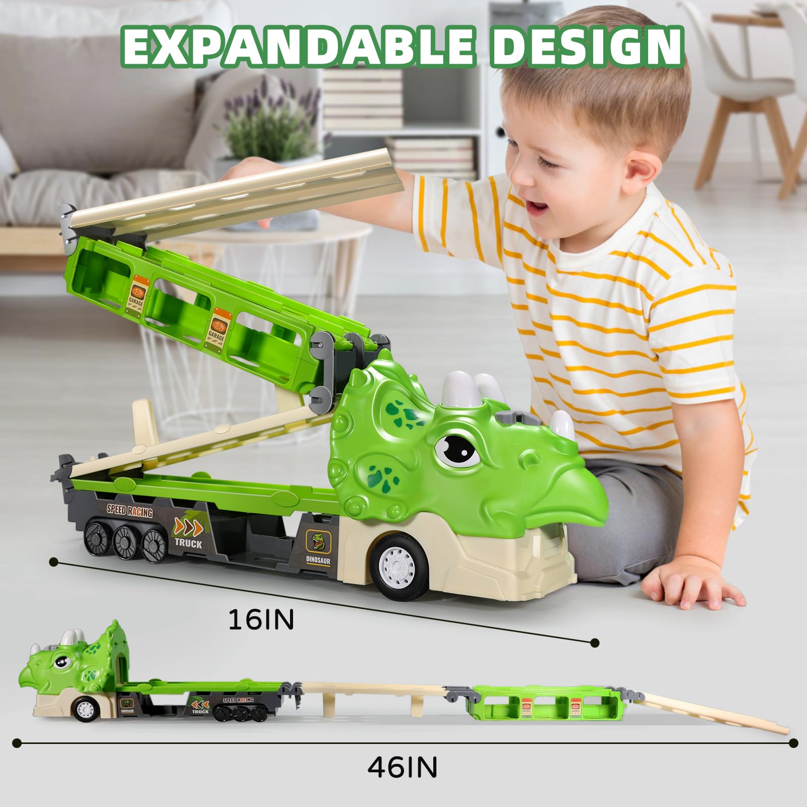 Dinosaur Toy Car Set with Foldable 117cm Track - Includes Launcher, 6 Mini Cars & 12 Road Signs - LED Lights & Sound Effects - Safe ABS Plastic & Dual-Layer Storage - STEM Learning Racing Playset for Kids Ages 3+ - Perfect for Birthday Gifts, Indoor Play & Preschool Educational Activities